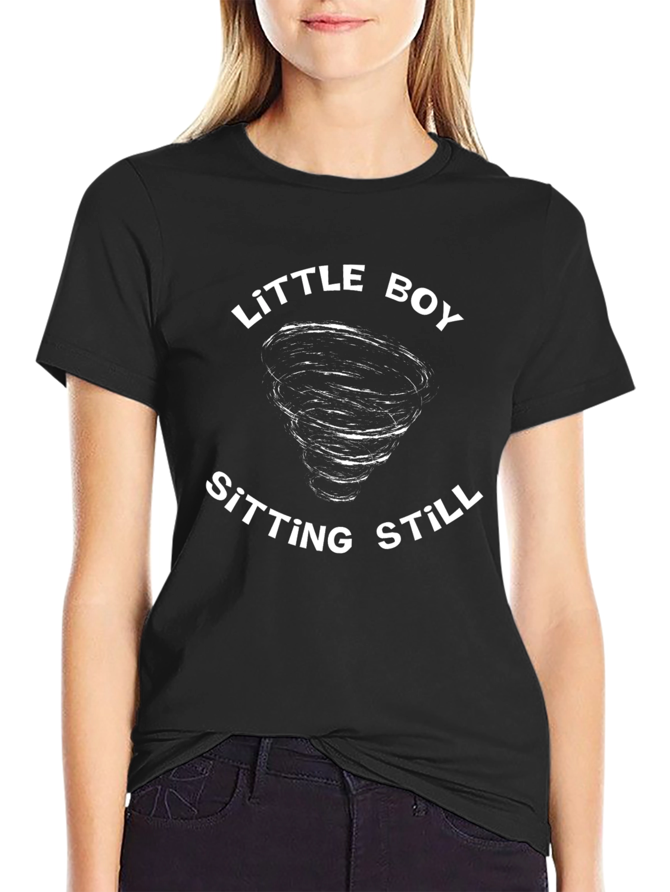 Little Boy Sitting Still Black Graphic T-Shirt