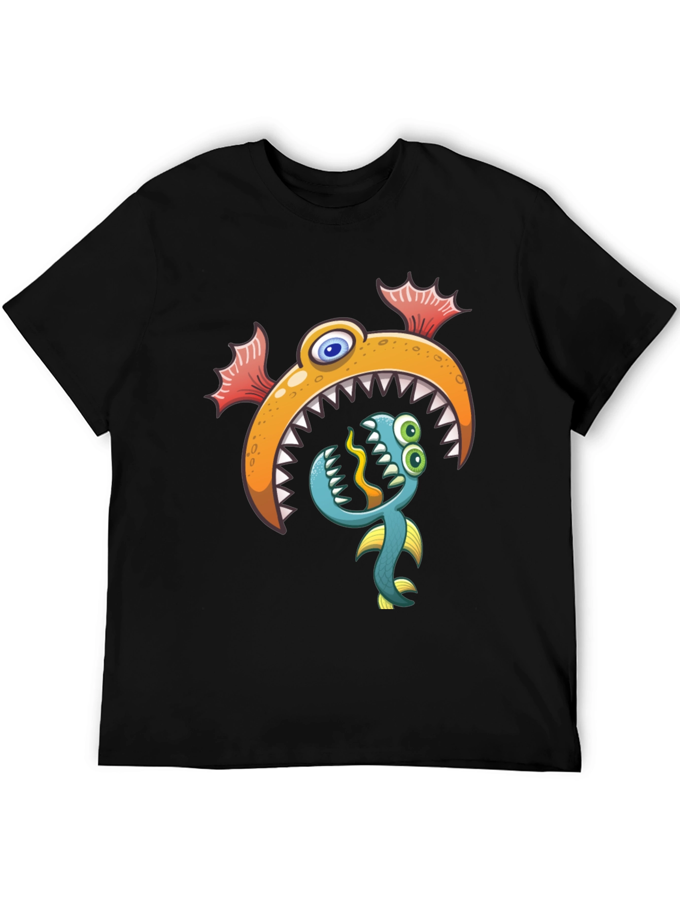 Cartoon Fish Graphic Print Black T-Shirt