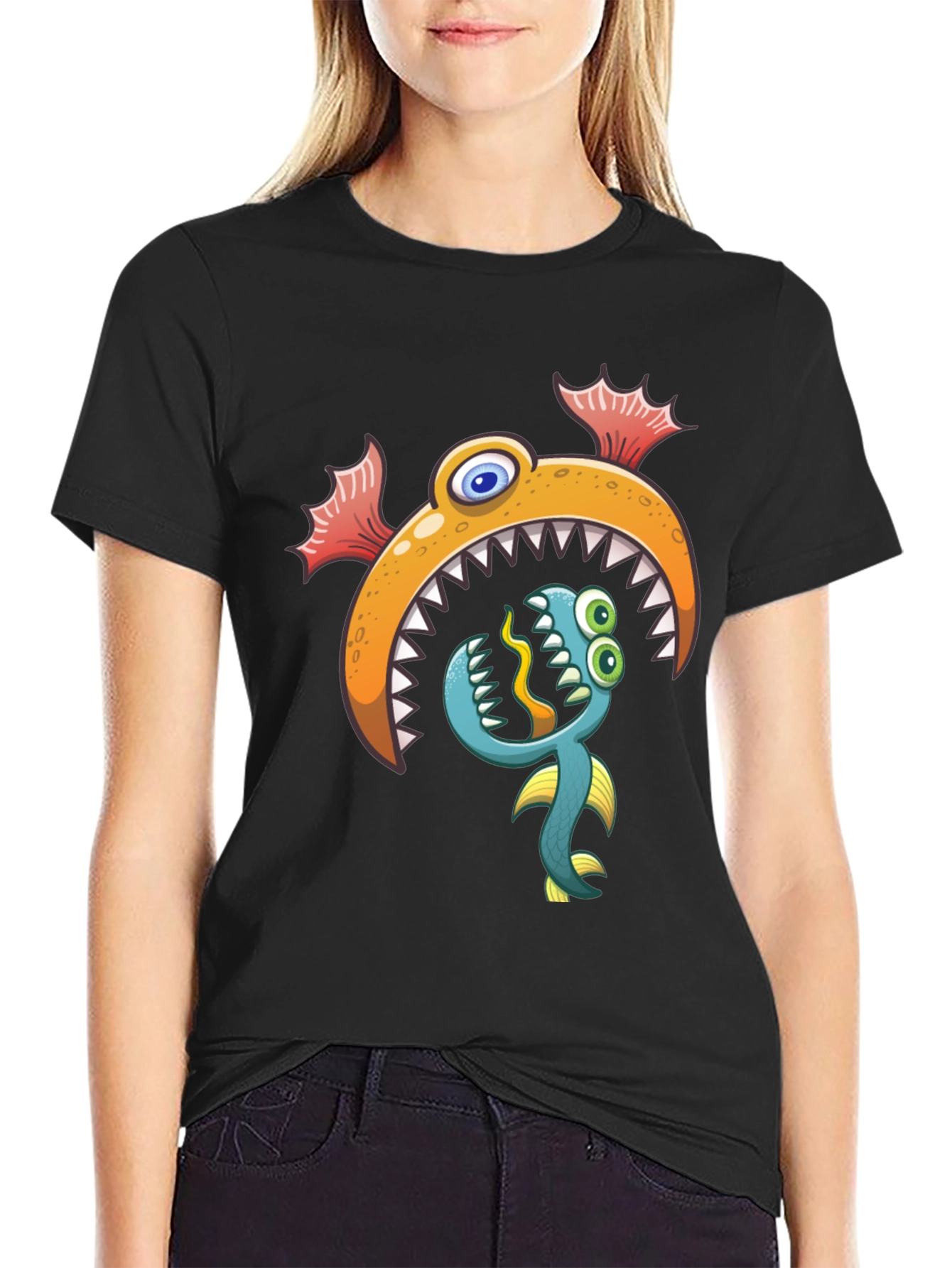 Cartoon Fish Graphic Print Black T-Shirt