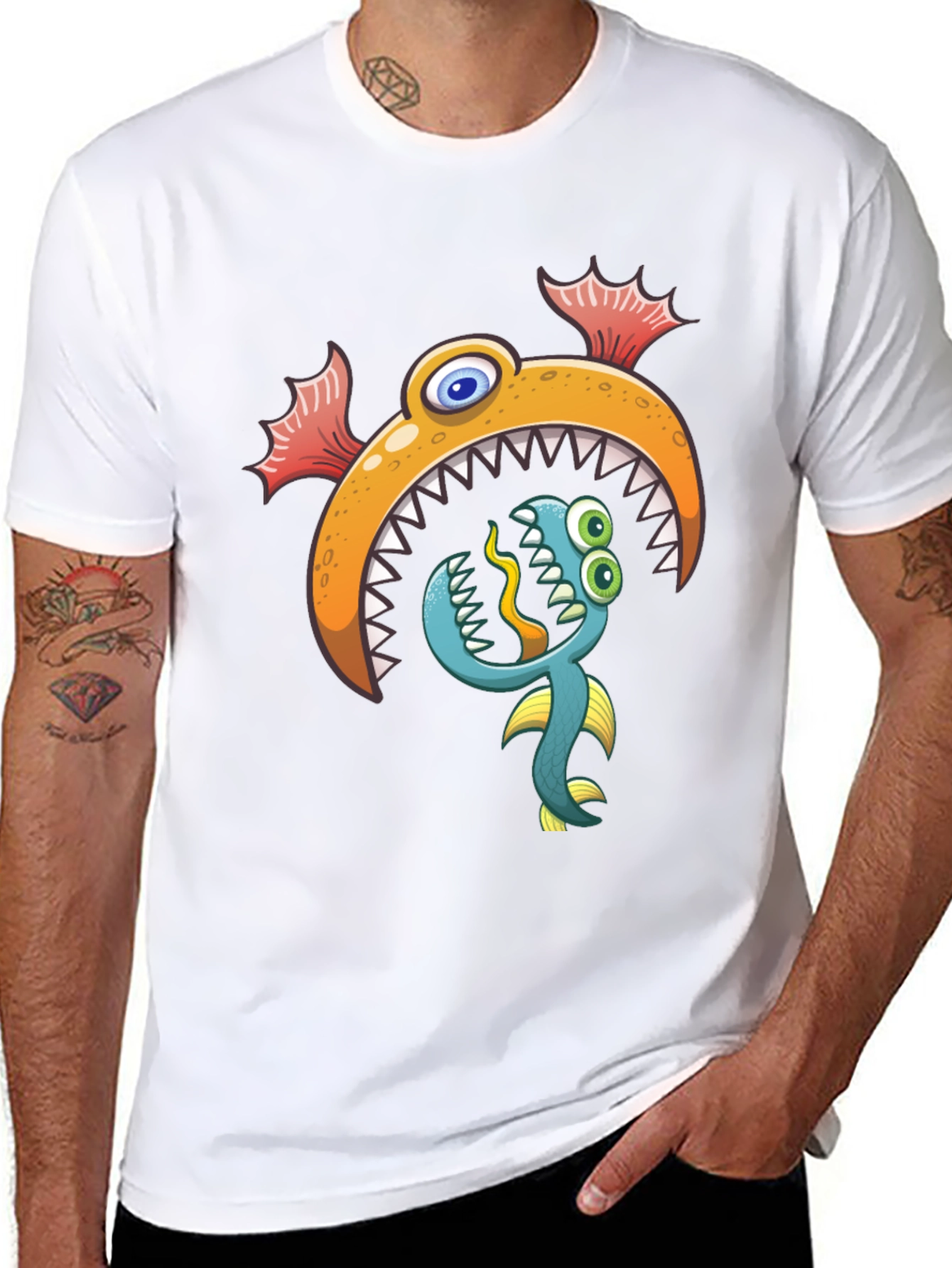 Cartoon Fish Graphic Print Black T-Shirt