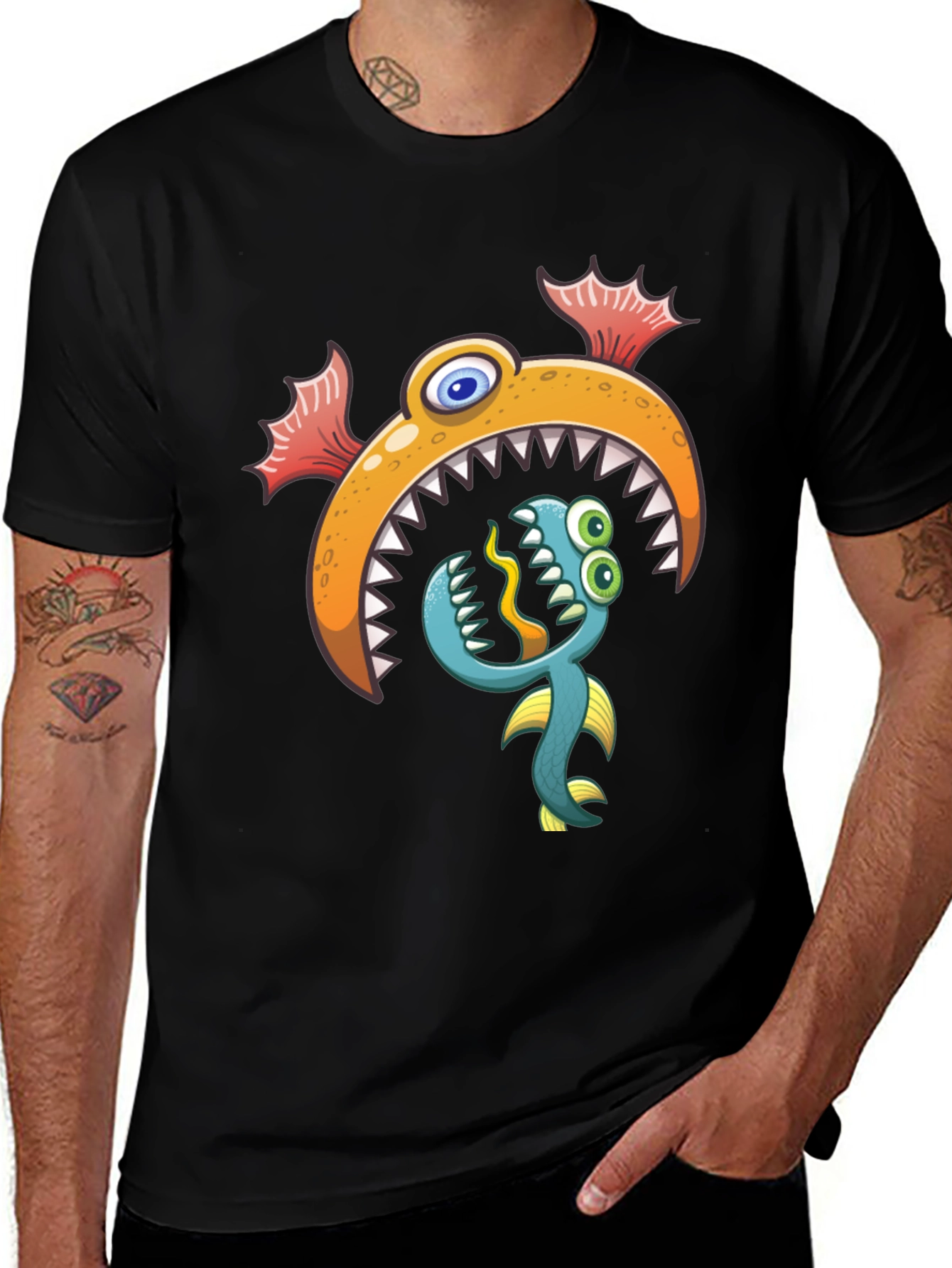 Cartoon Fish Graphic Print Black T-Shirt