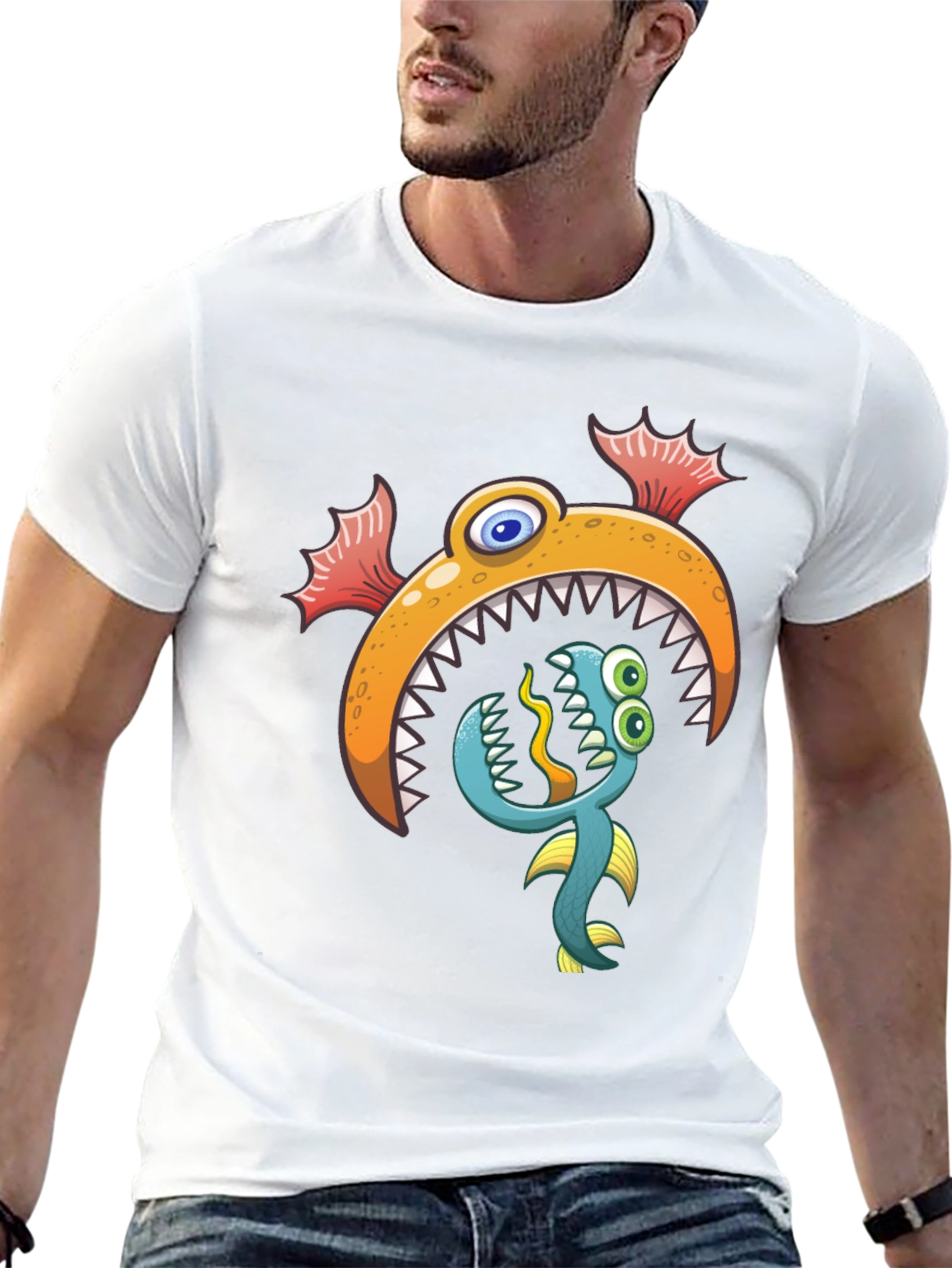 Cartoon Fish Graphic Print Black T-Shirt