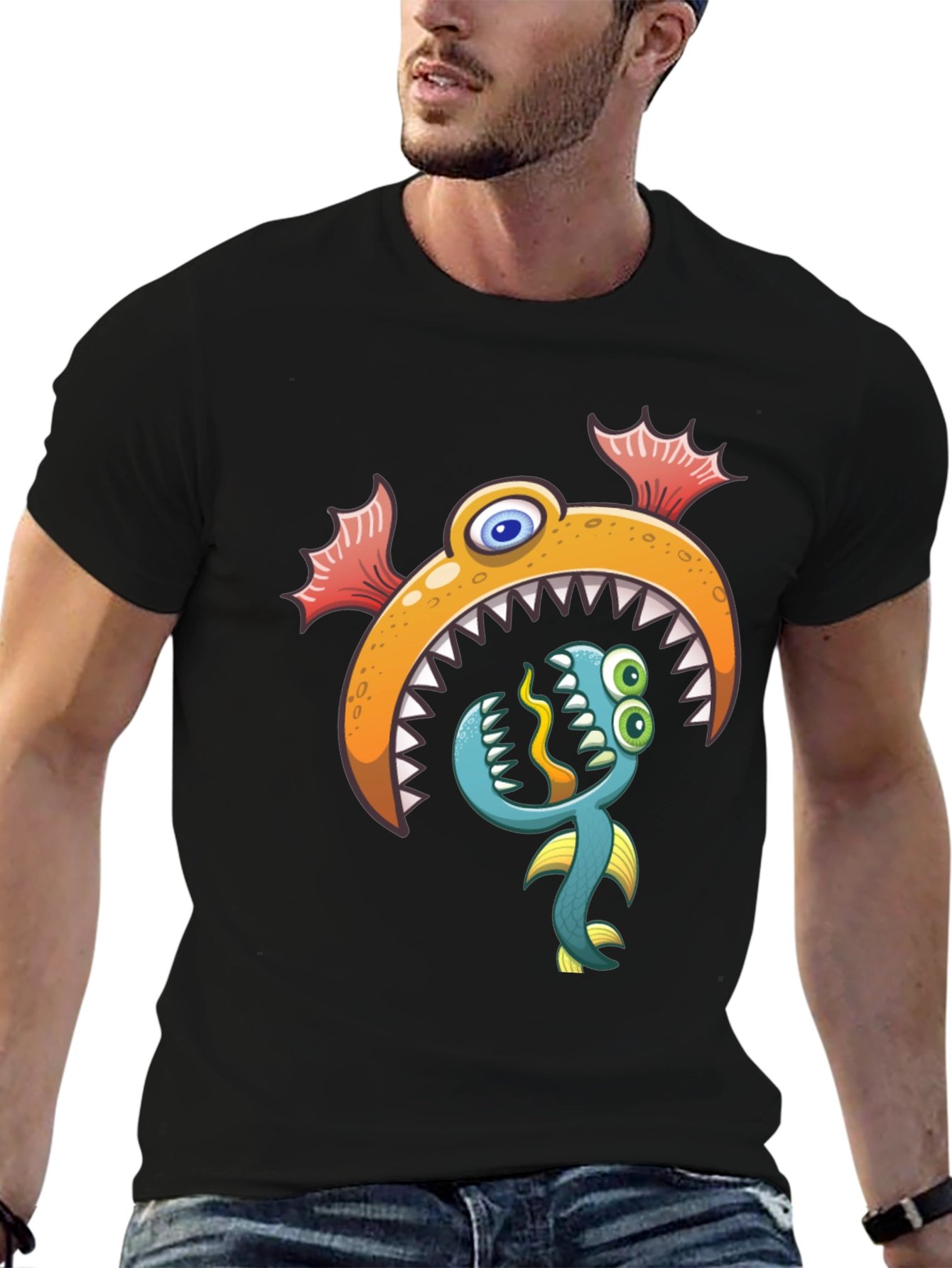 Cartoon Fish Graphic Print Black T-Shirt