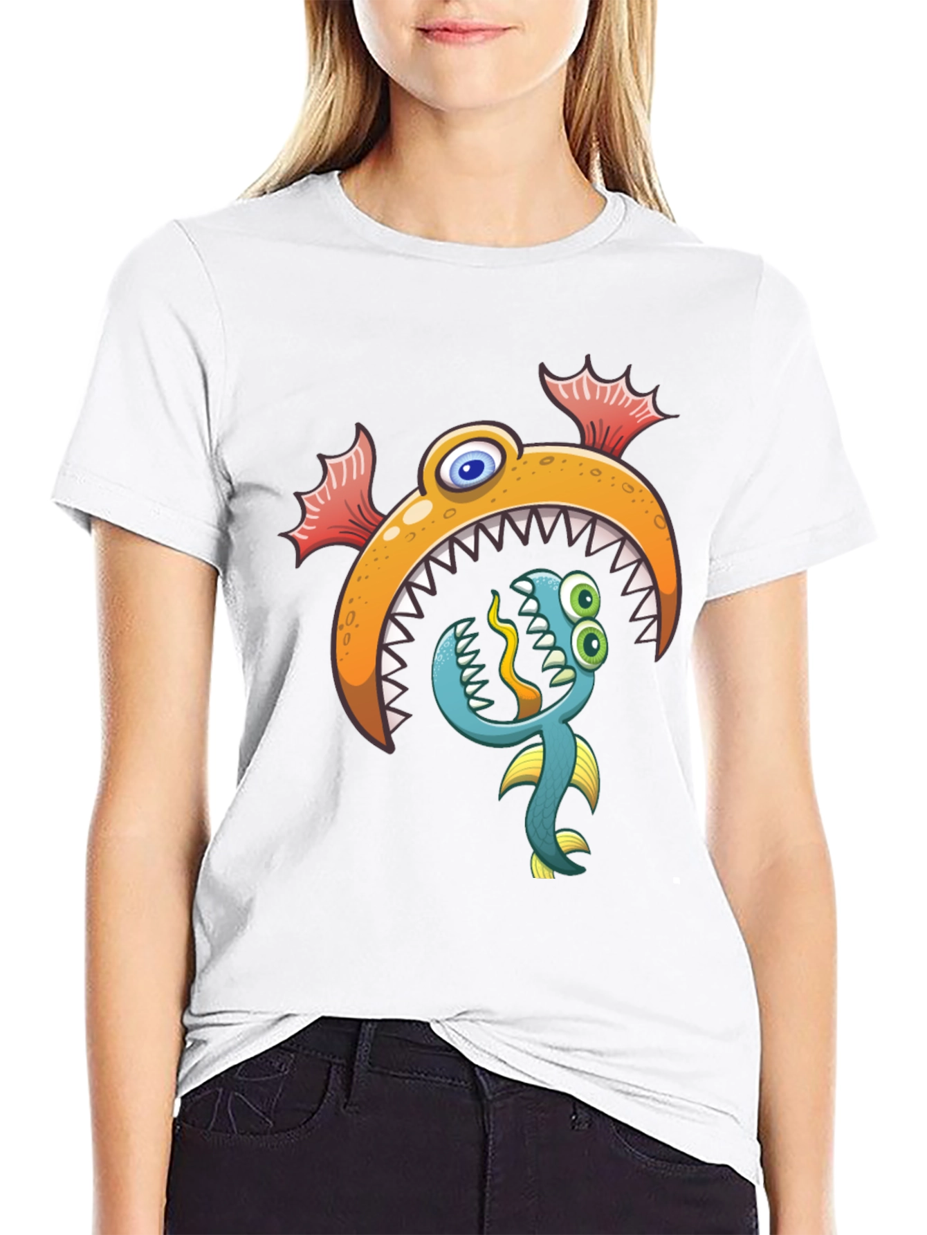 Cartoon Fish Graphic Print Black T-Shirt
