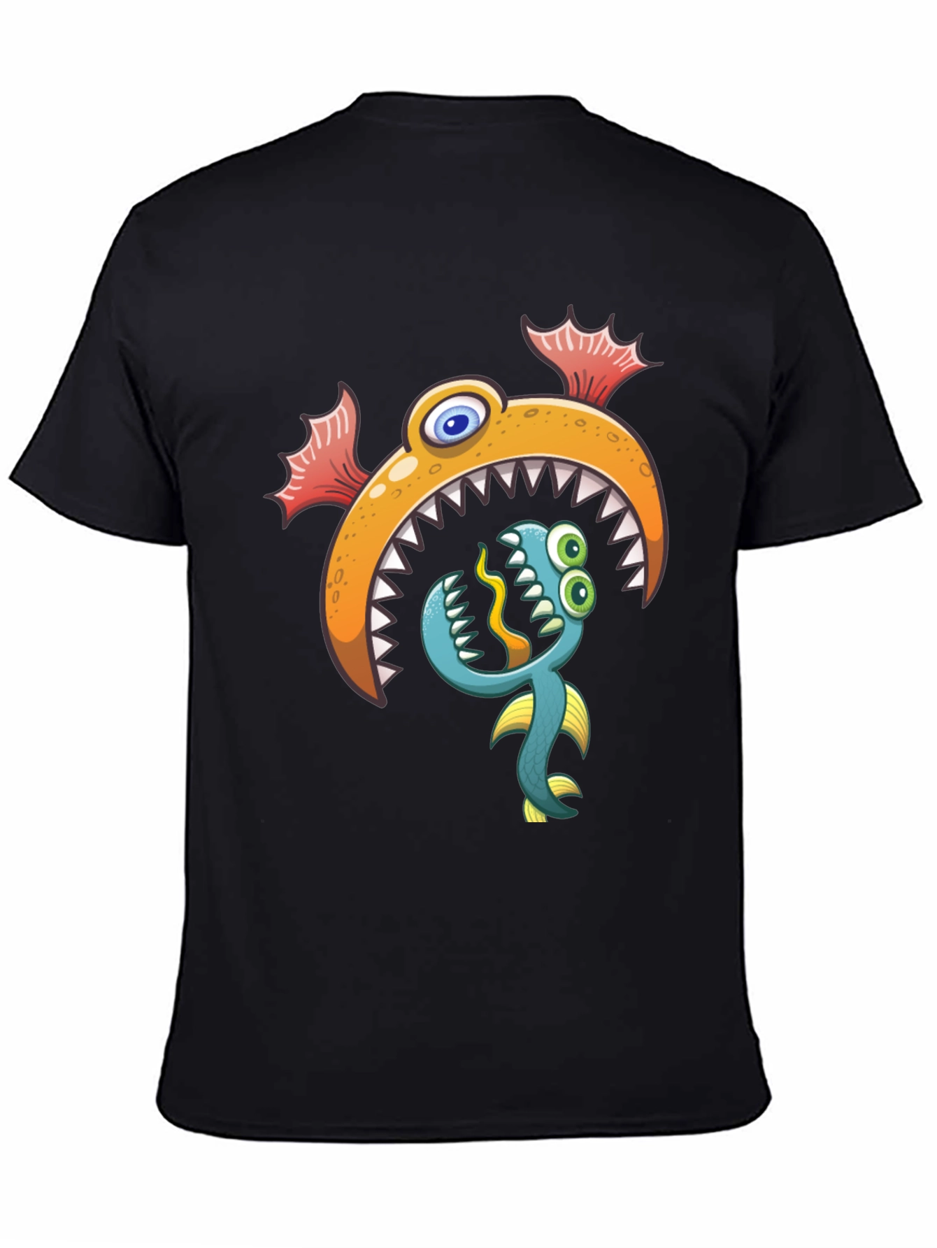 Cartoon Fish Graphic Print Black T-Shirt