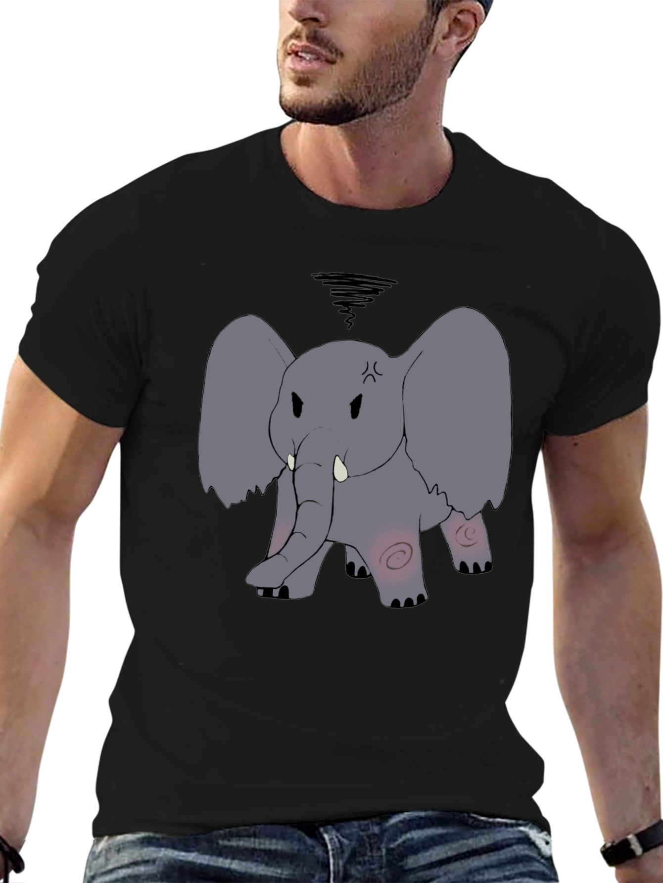 Angry Elephant Cartoon Black T-Shirt