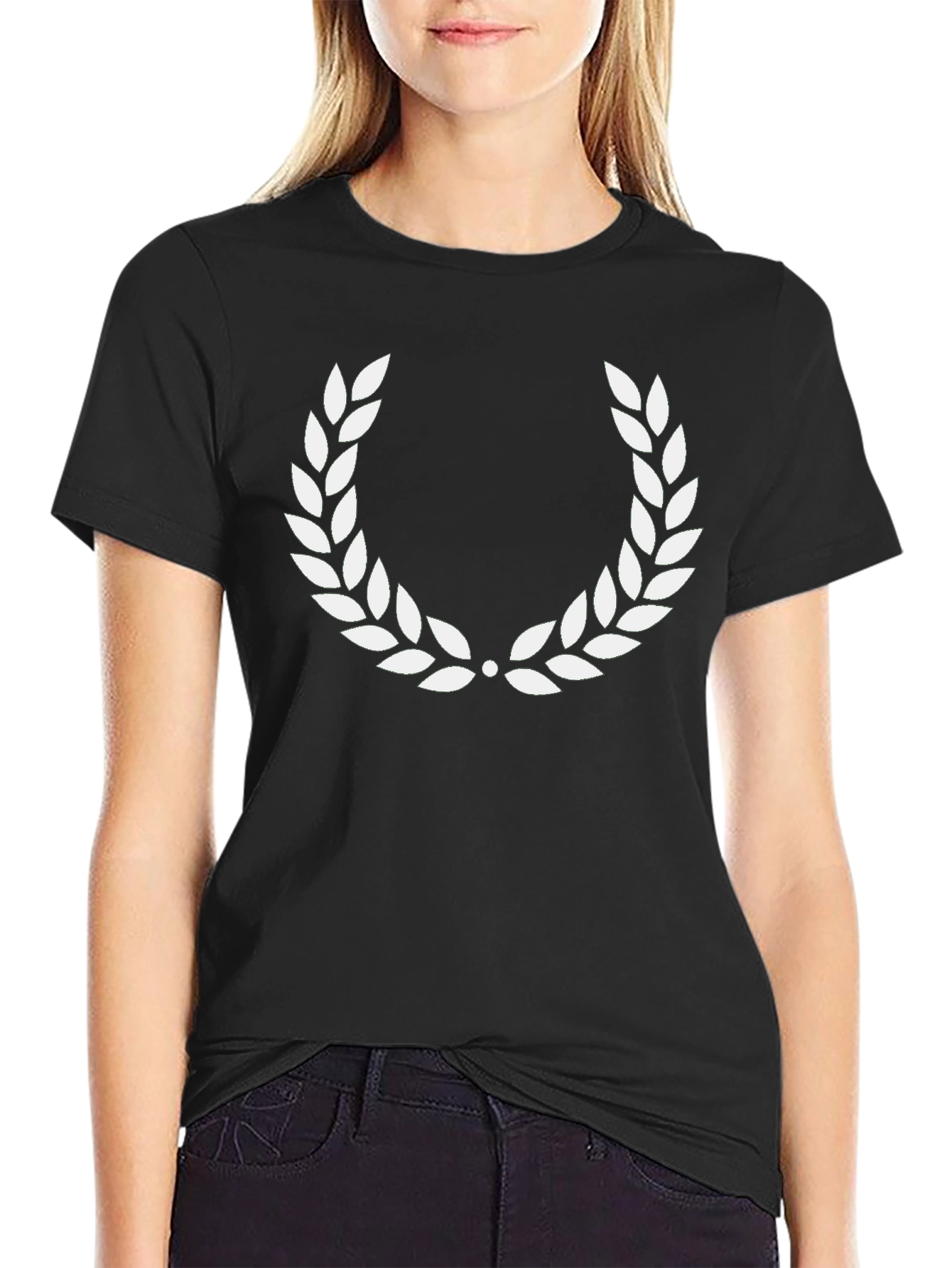 Black T-Shirt with White Laurel Wreath Design