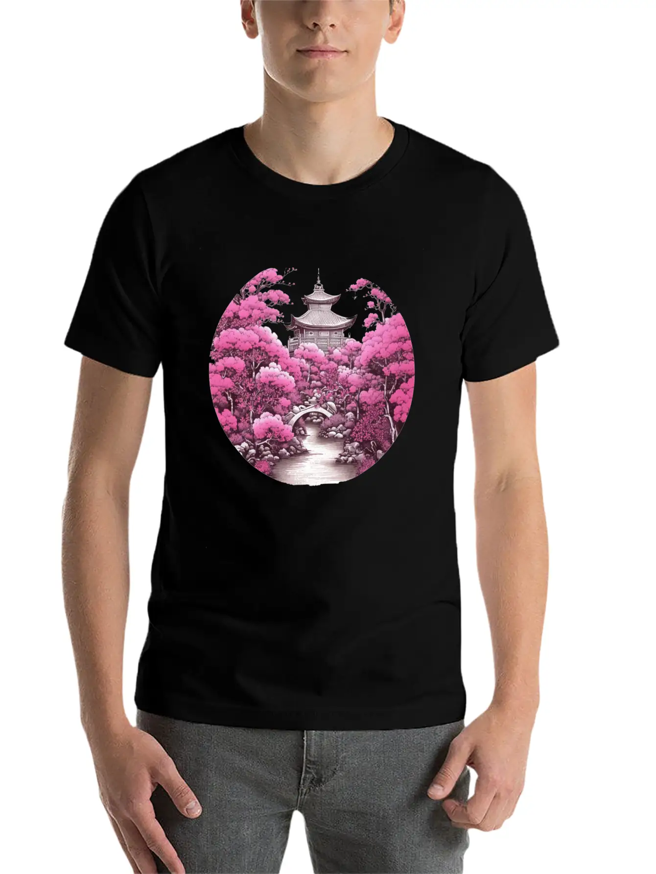 Asian Cultured Building With Blossom Tree Unisex Casual T-Shirt – Clean Design For Daily Comfort