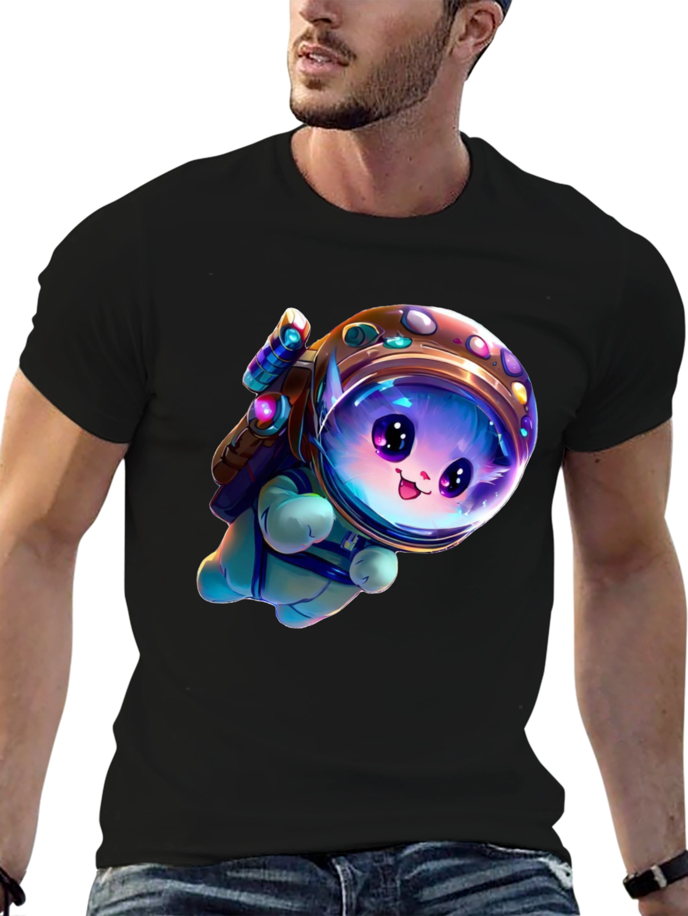 Astronaut Kitten Black T-Shirt