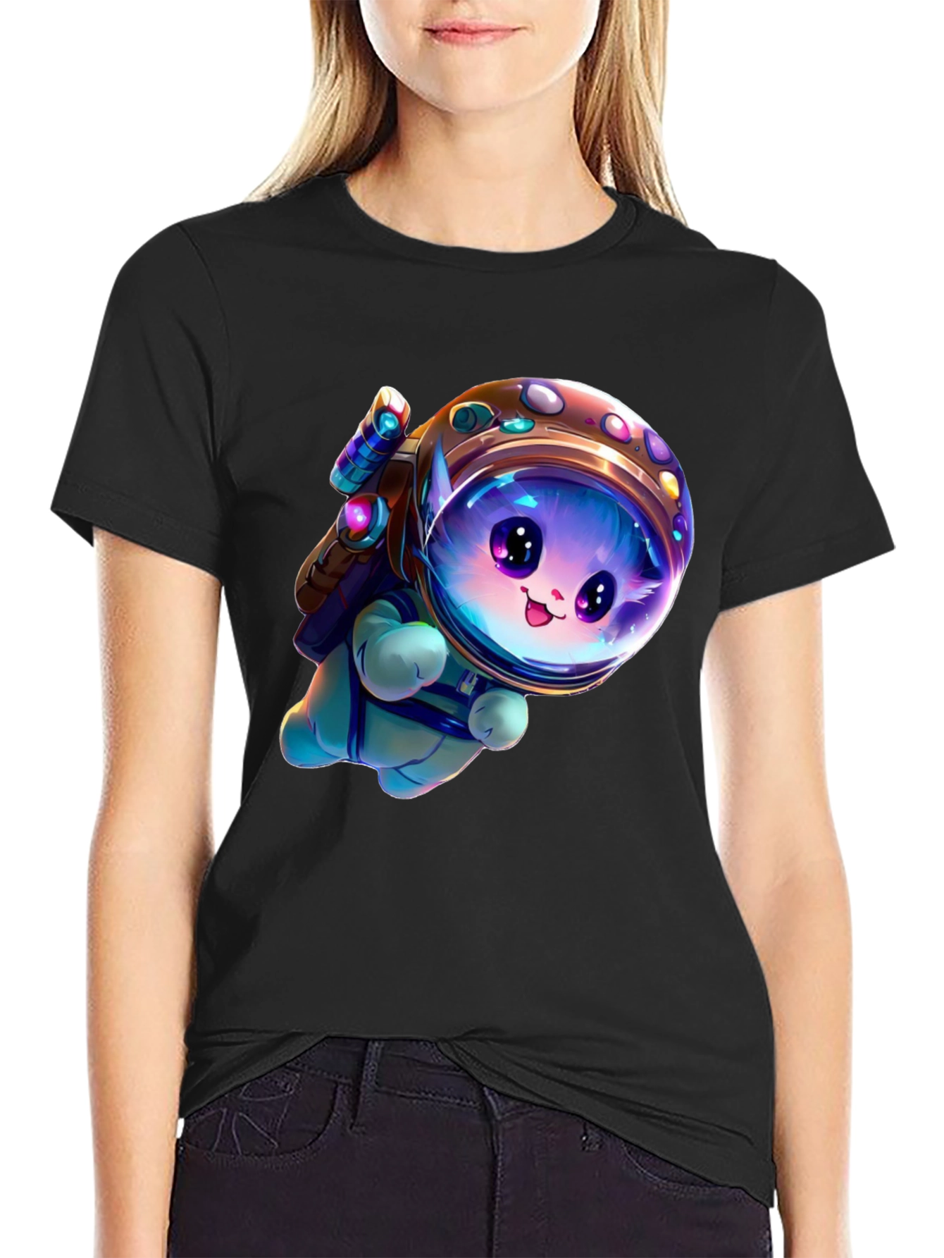 Astronaut Kitten Black T-Shirt