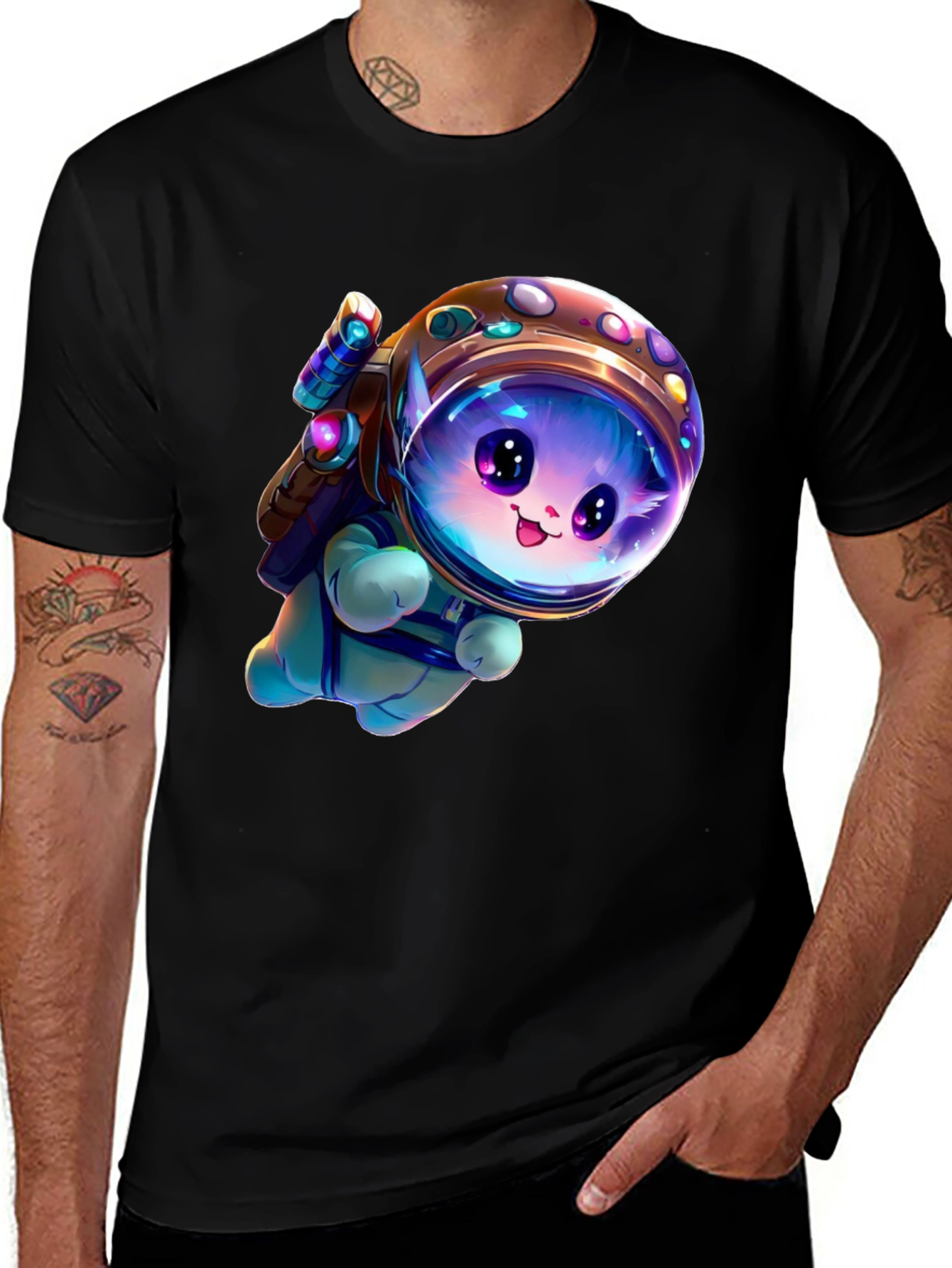 Astronaut Kitten Black T-Shirt
