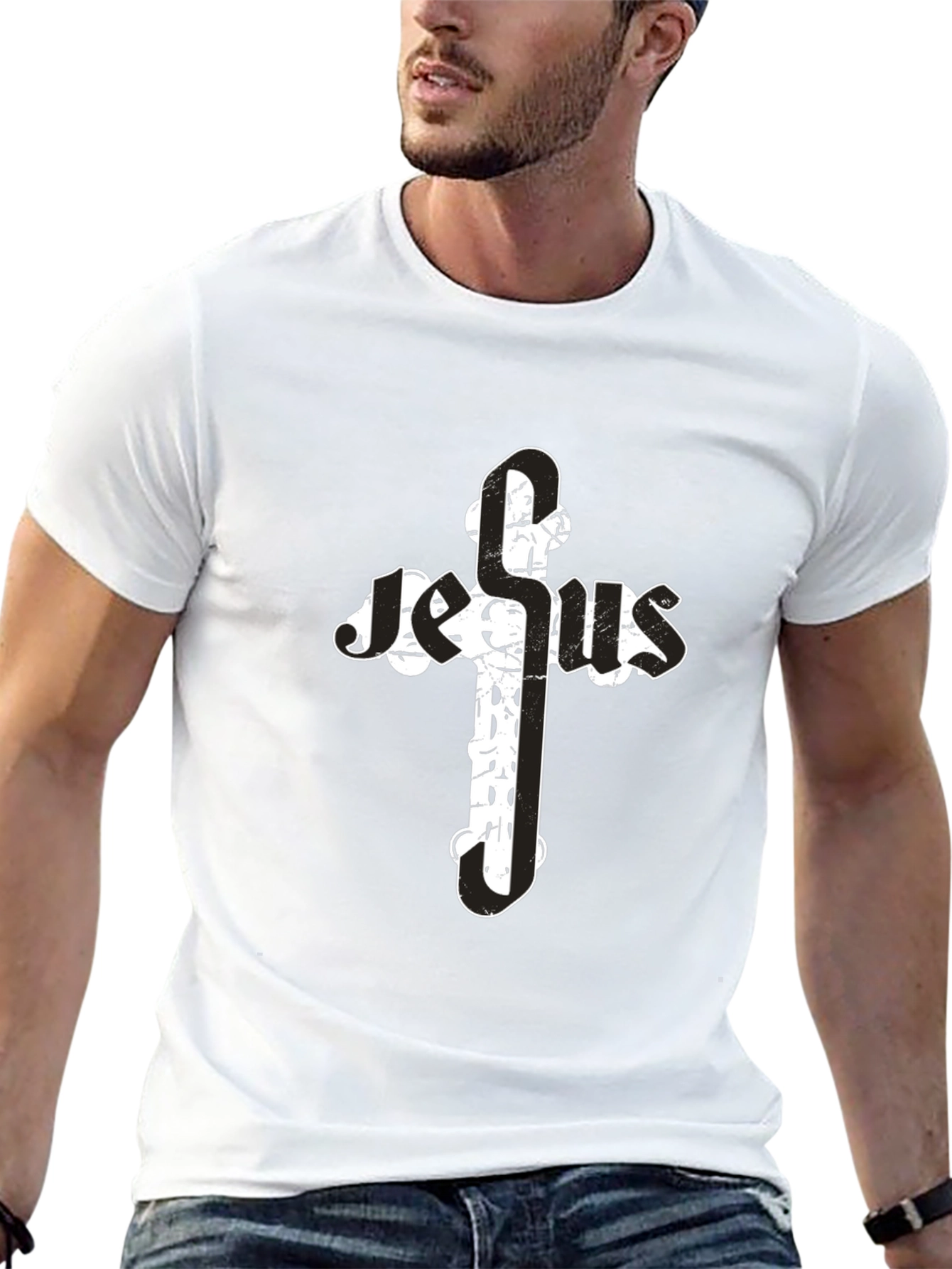 Jesus Cross Graphic T-Shirt - Black Cotton Blend