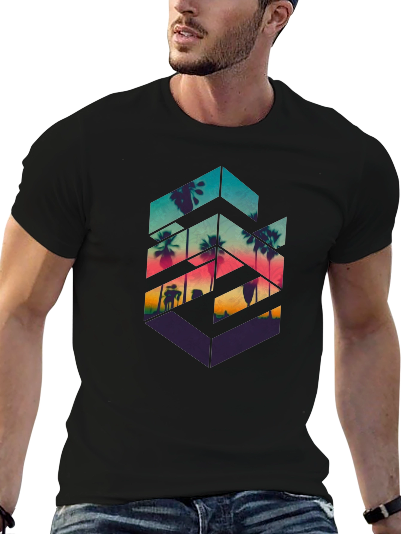 Geometric Palm Tree Graphic Tee - Tropical Vibes