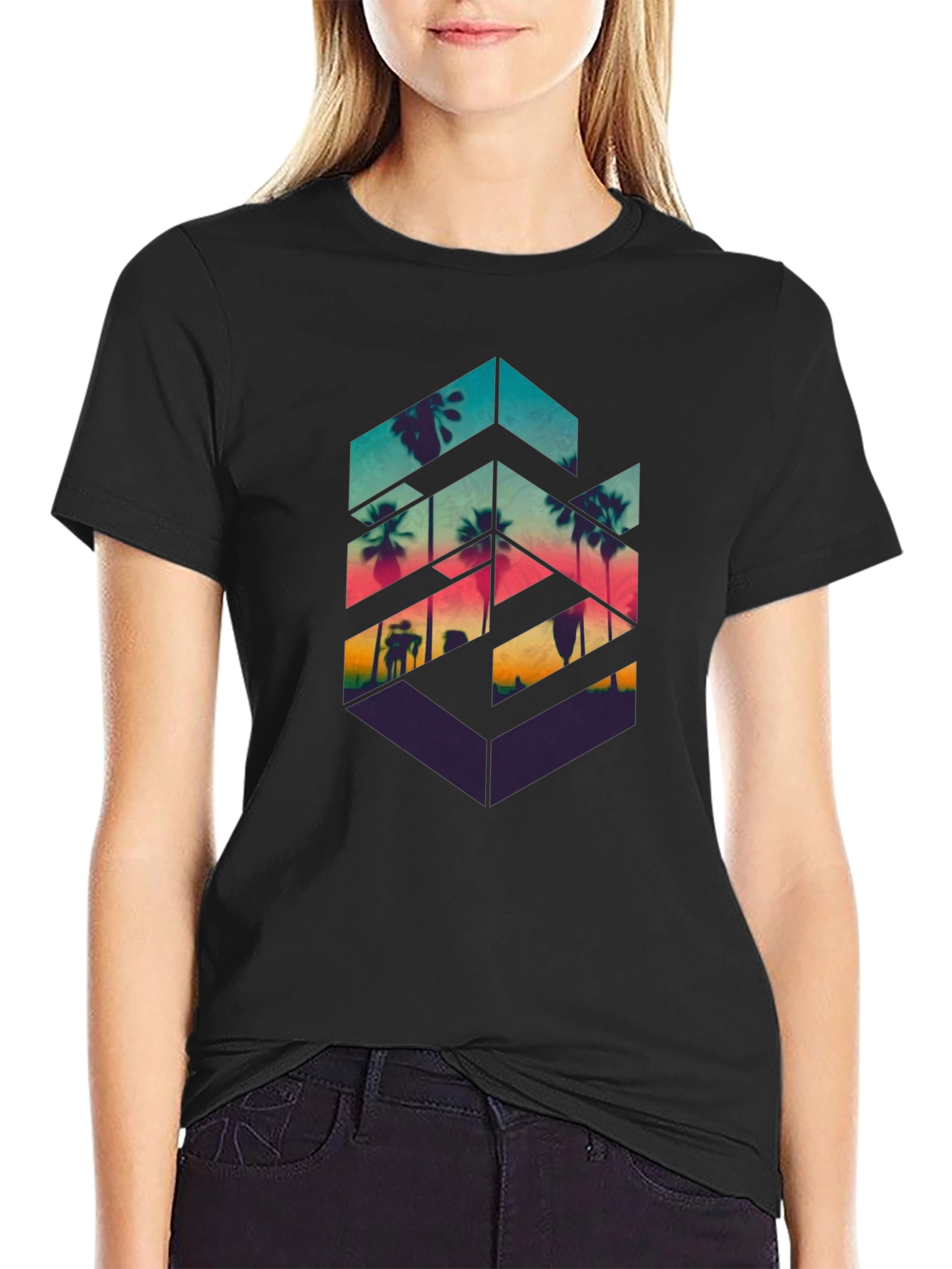 Geometric Palm Tree Graphic Tee - Tropical Vibes