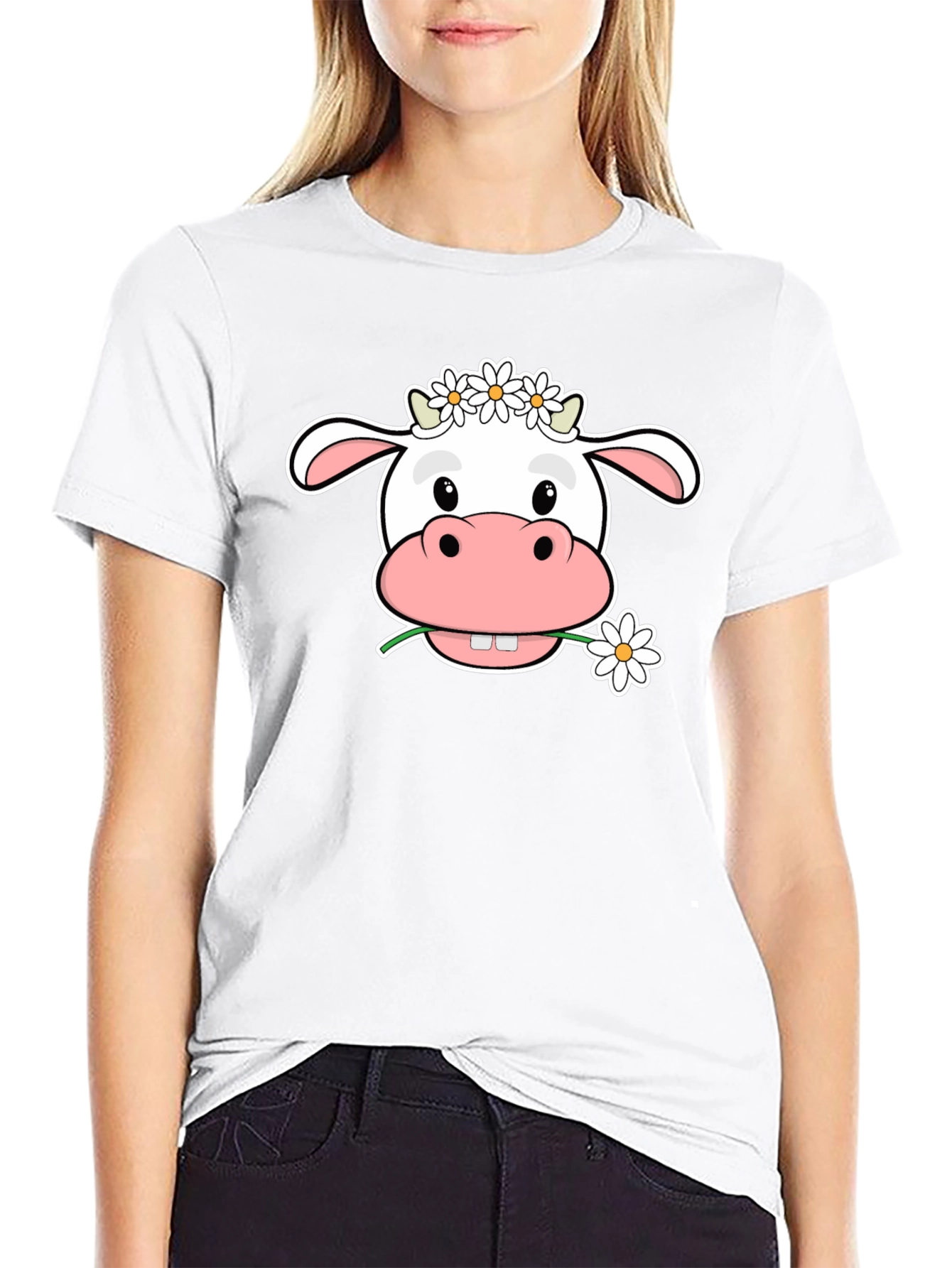 Cow with Flowers T-Shirt - Cute Cartoon Animal Tee