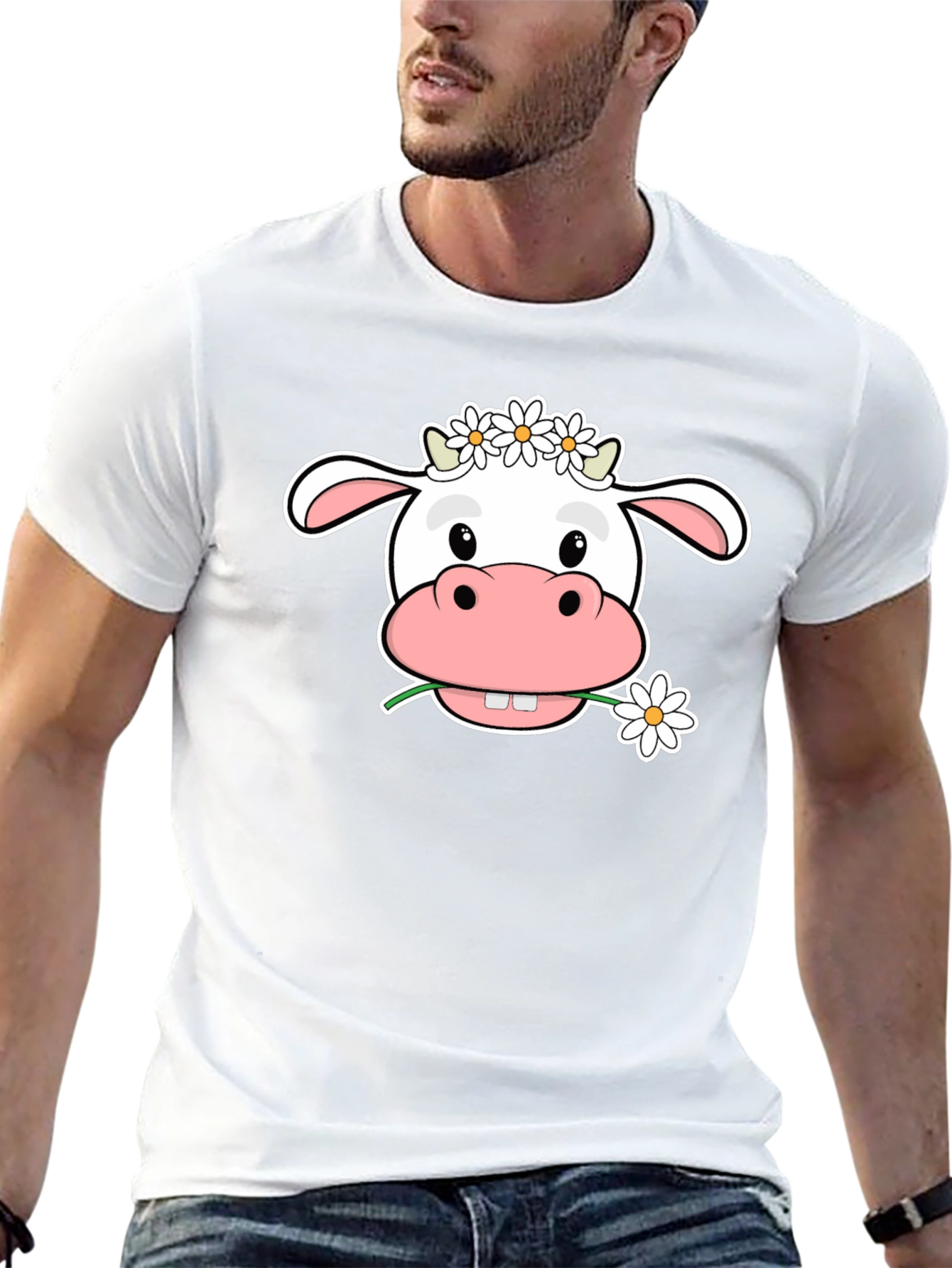 Cow with Flowers T-Shirt - Cute Cartoon Animal Tee