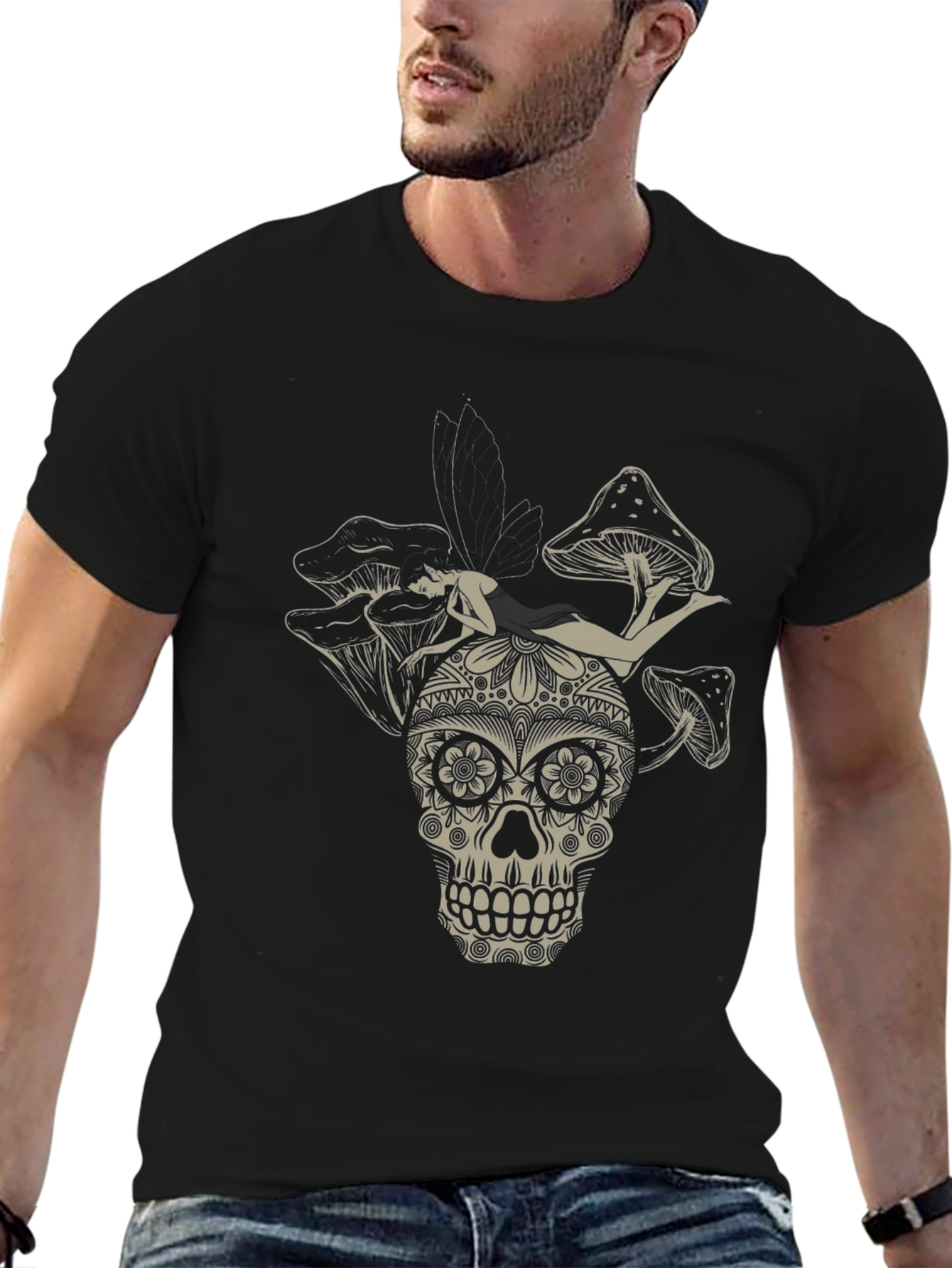 Sugar Skull Fairy Mushroom Black T-Shirt