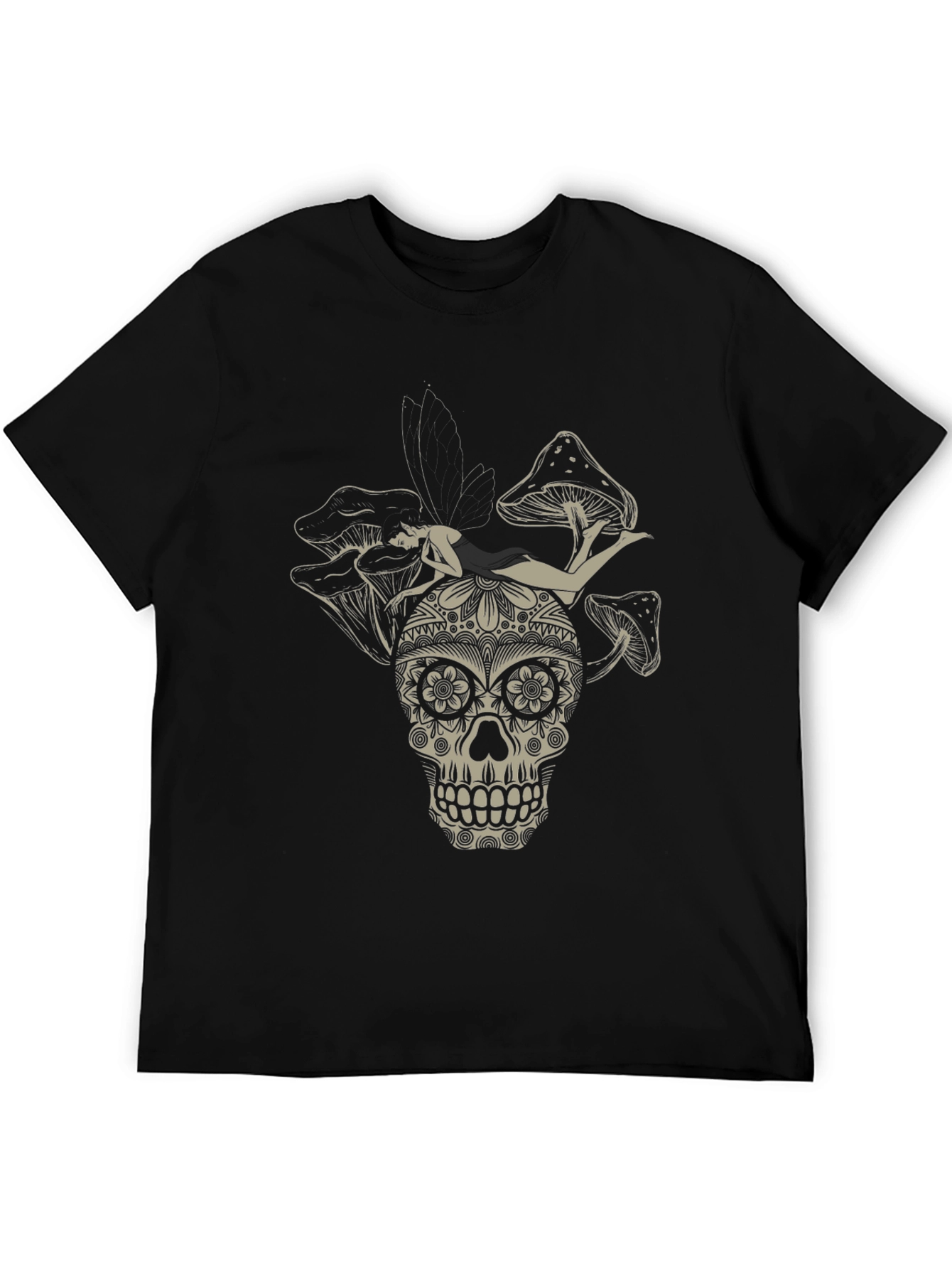 Sugar Skull Fairy Mushroom Black T-Shirt