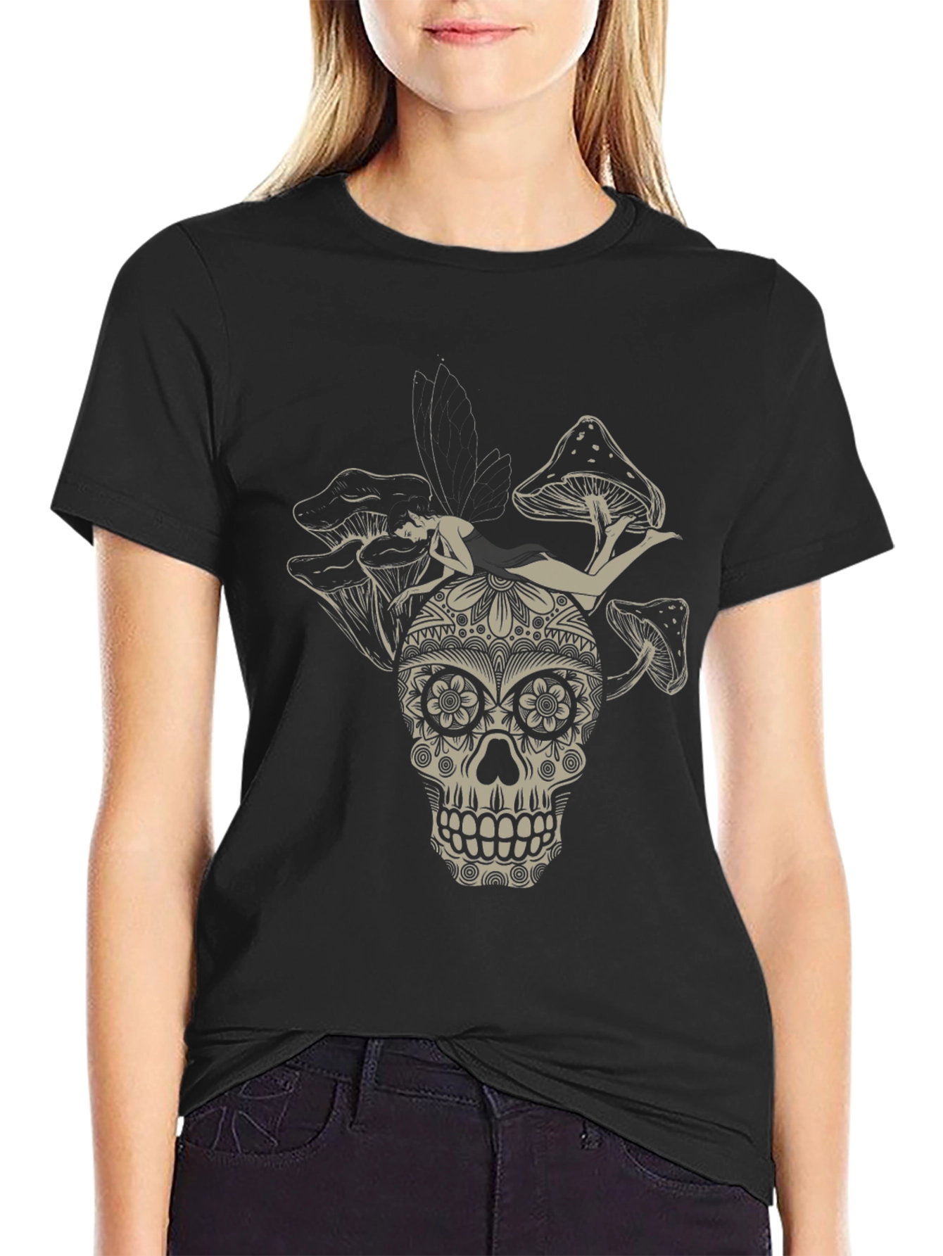 Sugar Skull Fairy Mushroom Black T-Shirt