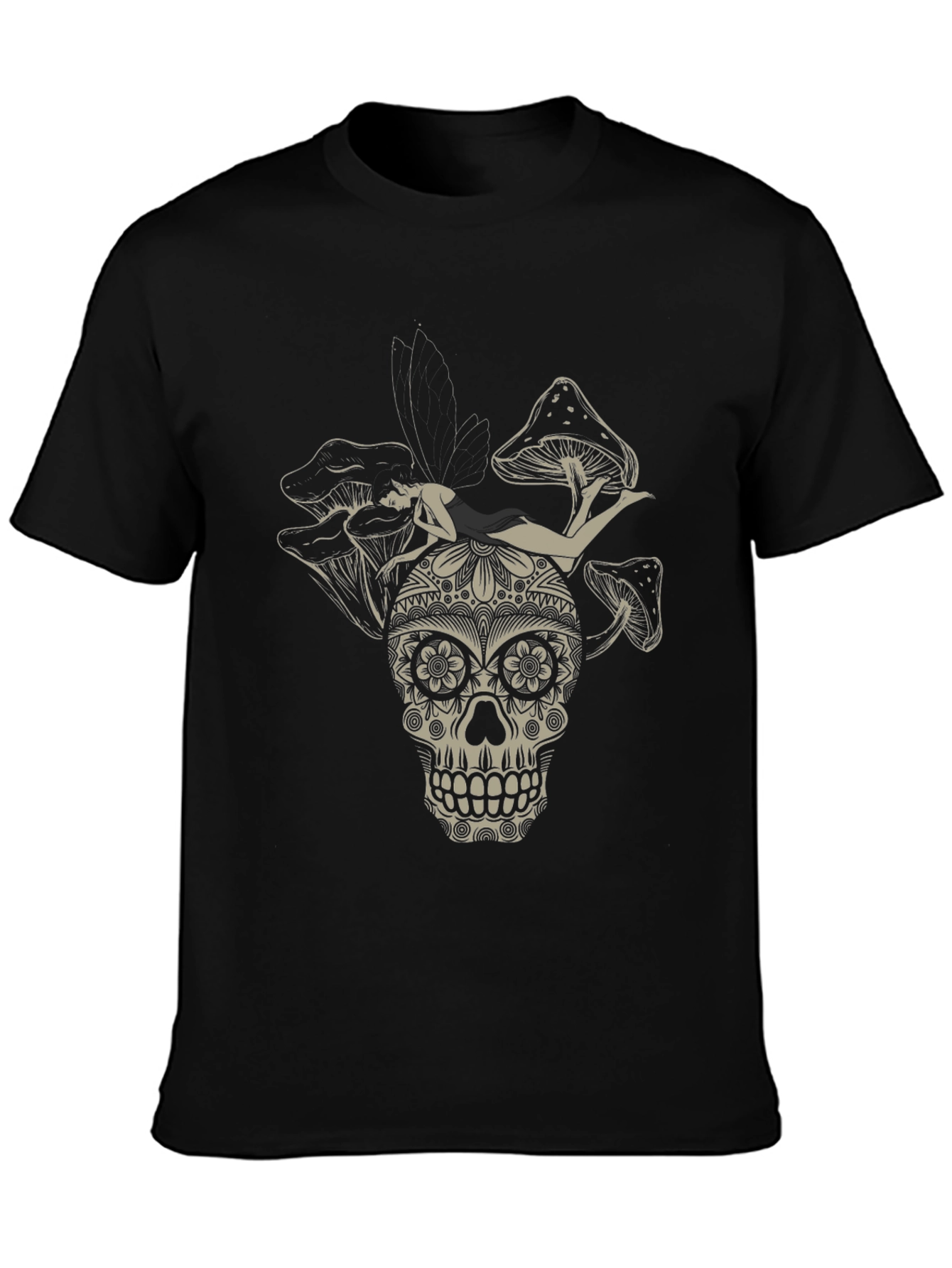 Sugar Skull Fairy Mushroom Black T-Shirt