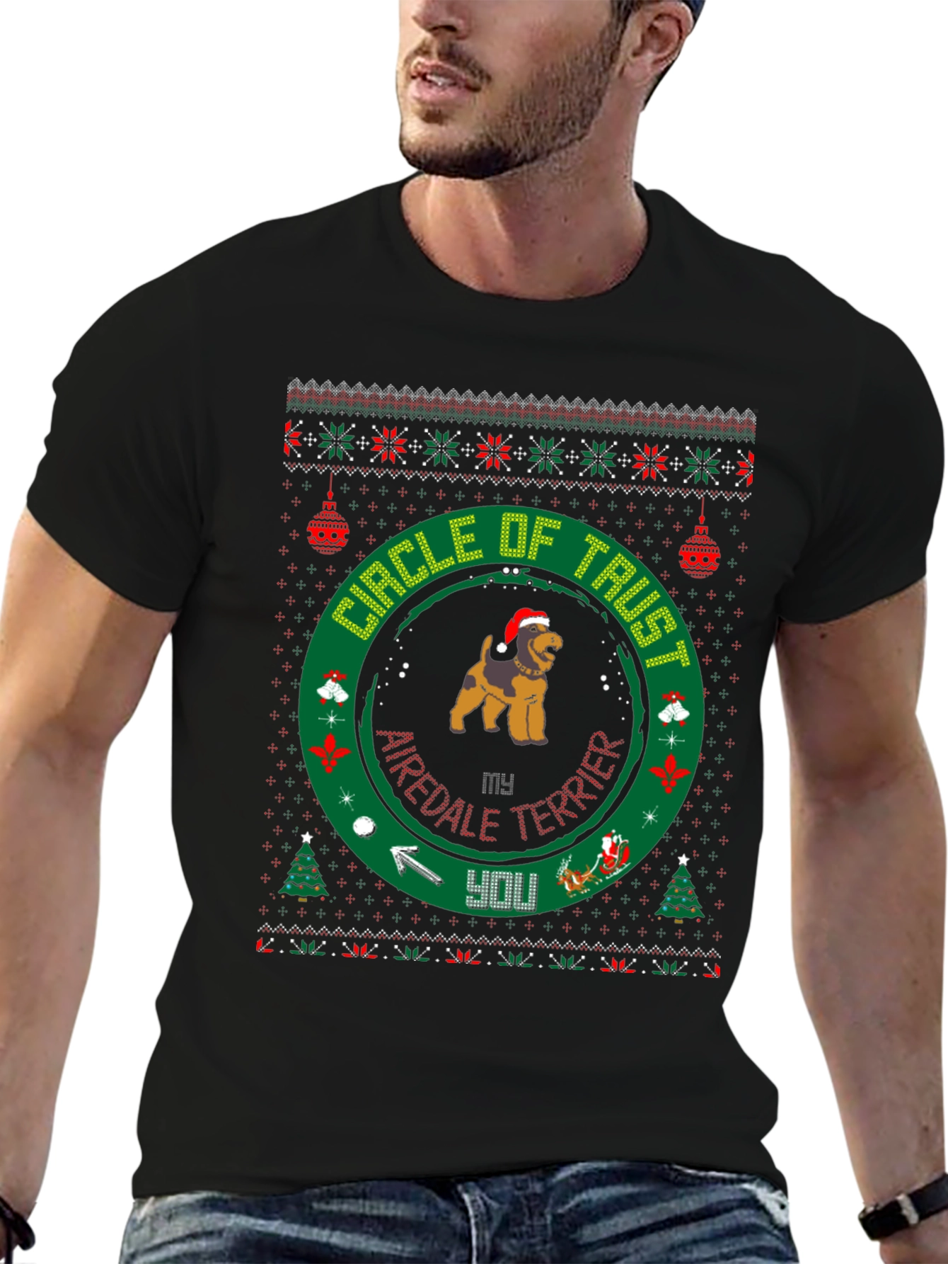 Airedale Terrier Circle of Trust Ugly Christmas T-Shirt
