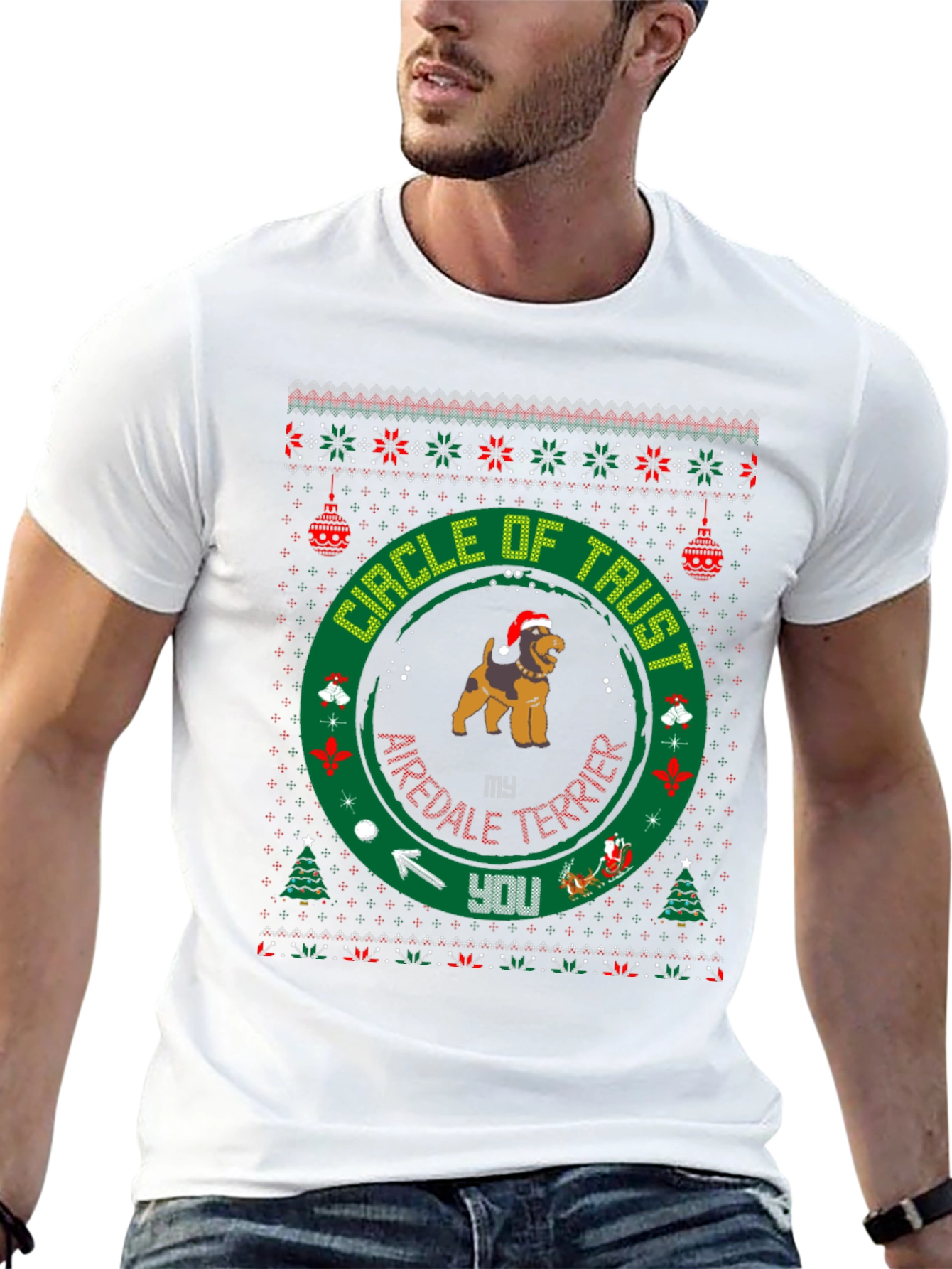 Airedale Terrier Circle of Trust Ugly Christmas T-Shirt