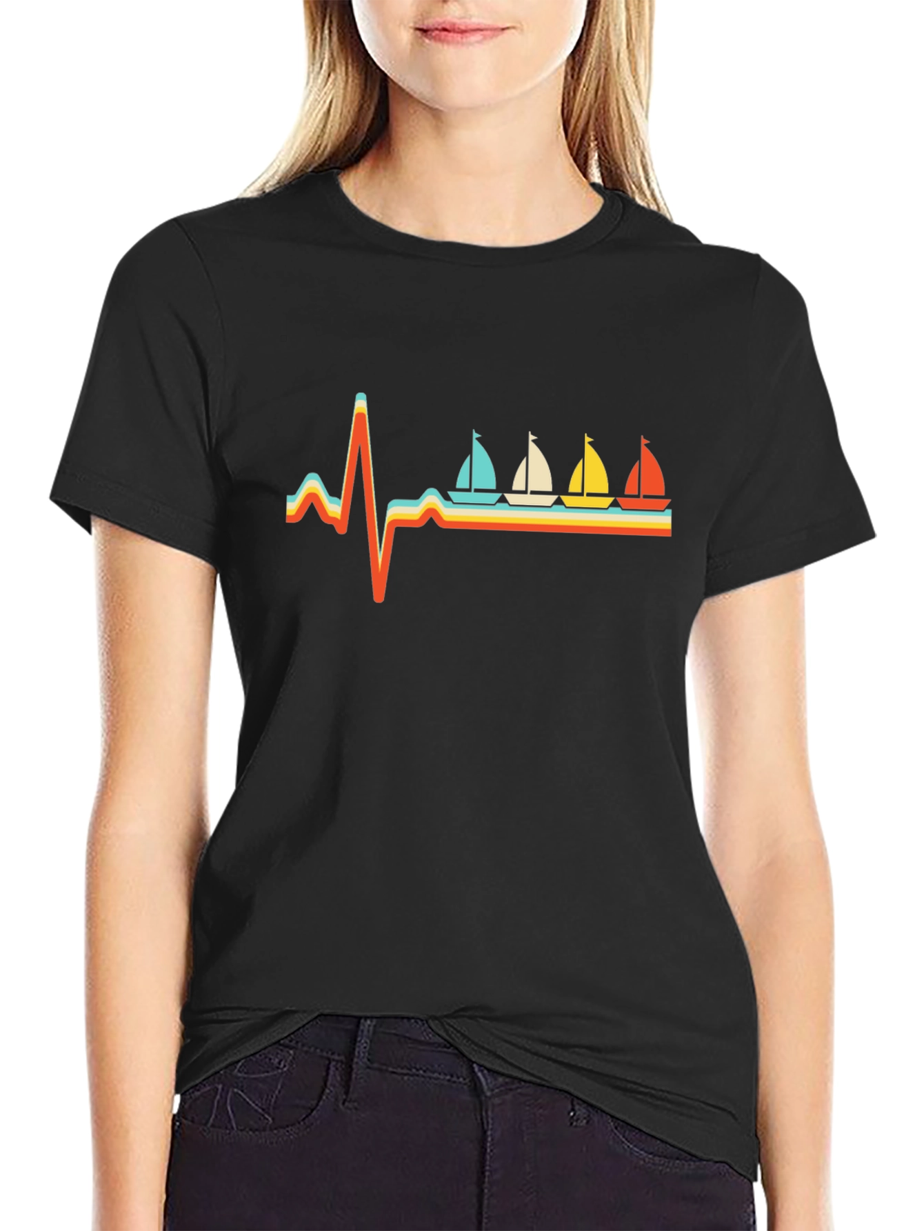 Sailboat Heartbeat Graphic Tee - Retro Style