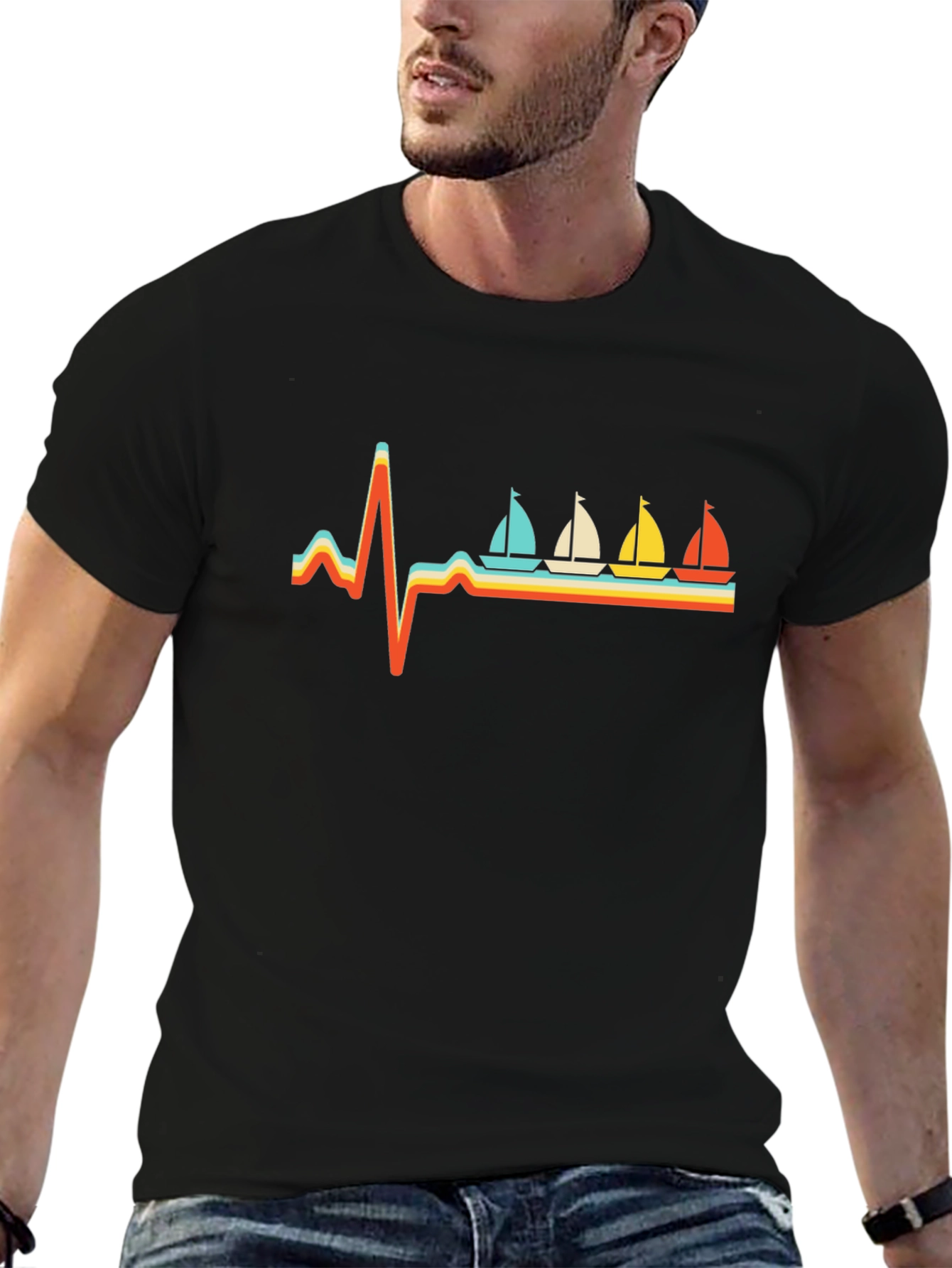 Sailboat Heartbeat Graphic Tee - Retro Style