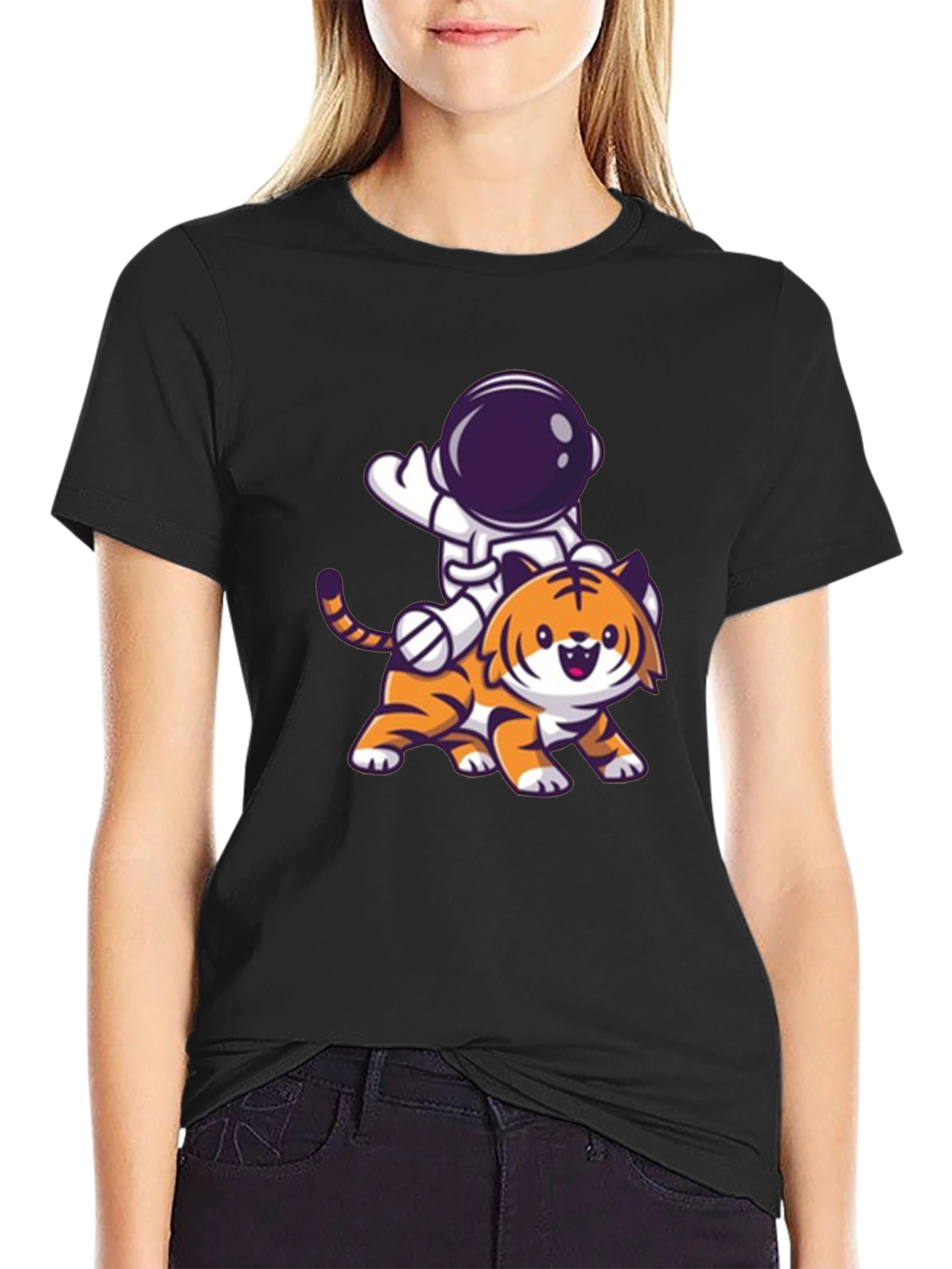 Astronaut Riding Tiger Graphic Tee - Black