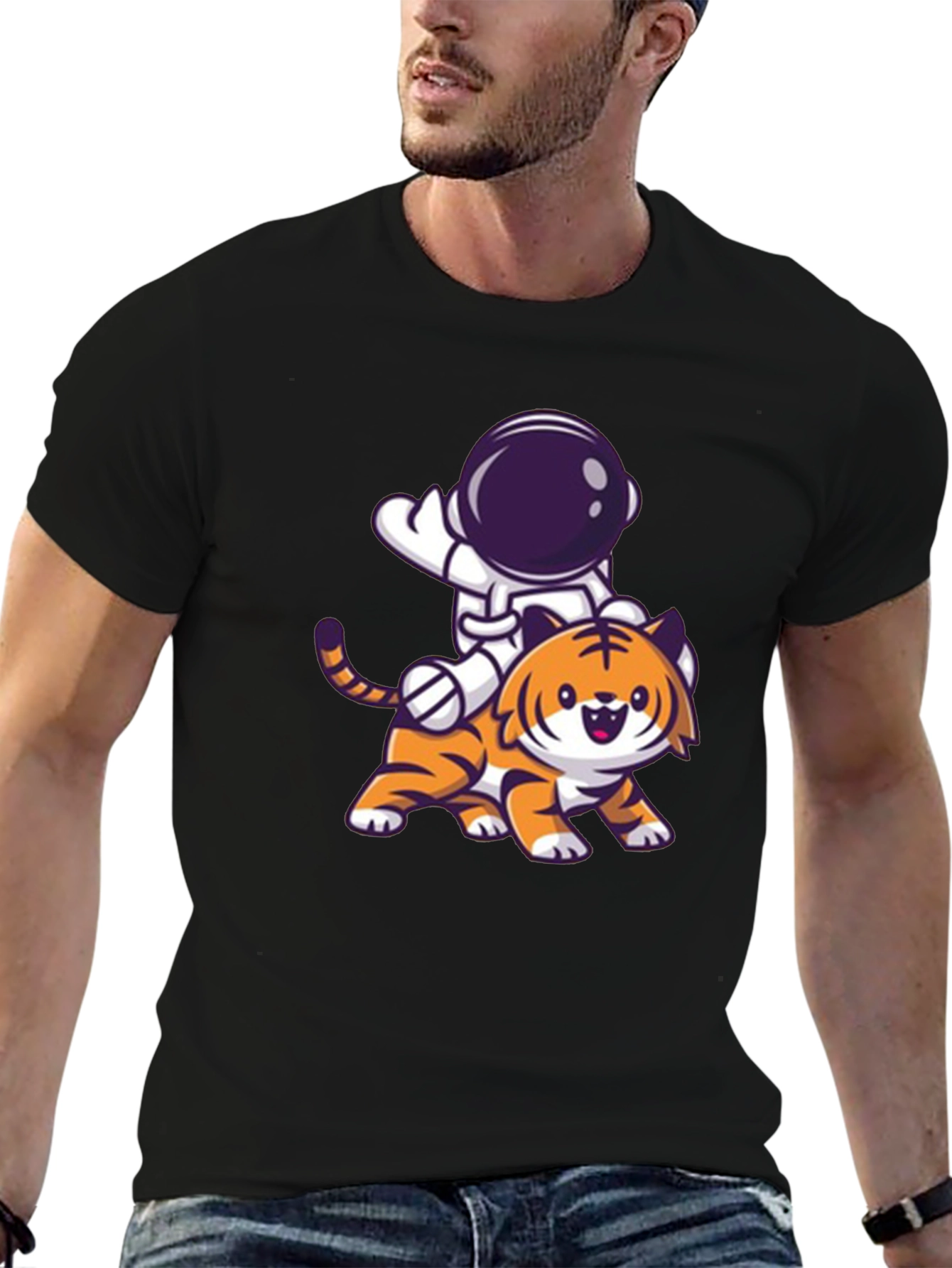 Astronaut Riding Tiger Graphic Tee - Black