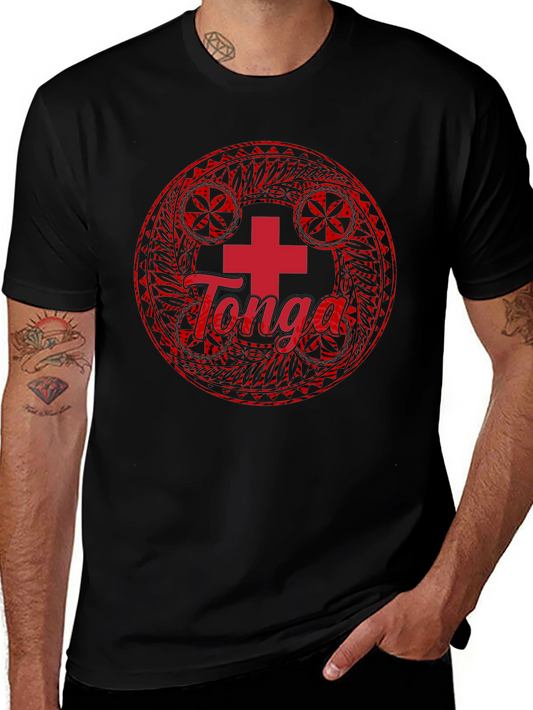 Tonga Flag T-Shirt - Round Emblem Black Cotton