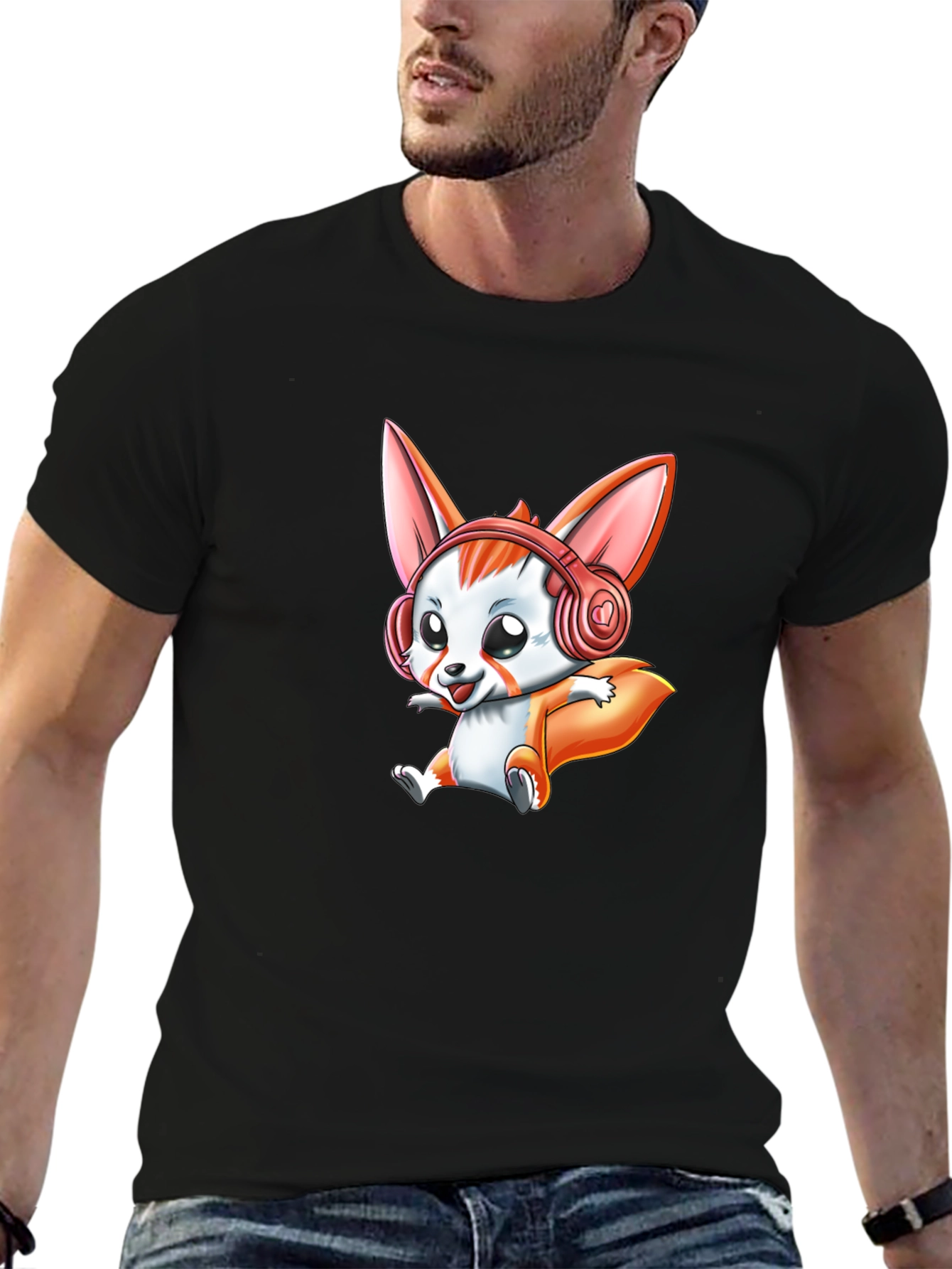 Cute Cartoon Fox Headphone Graphic Tee