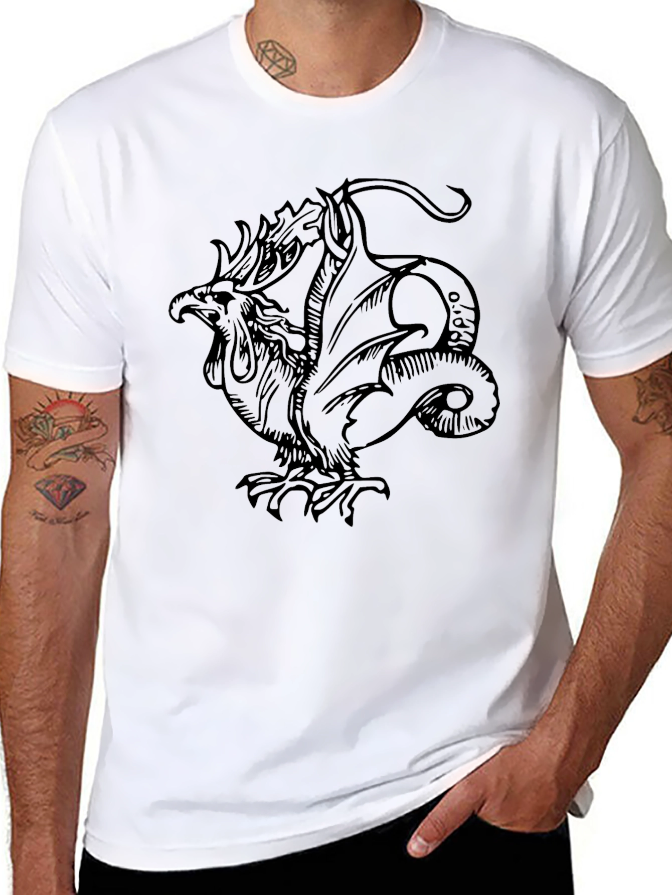 Mythical Rooster Dragon Graphic Tee - Black