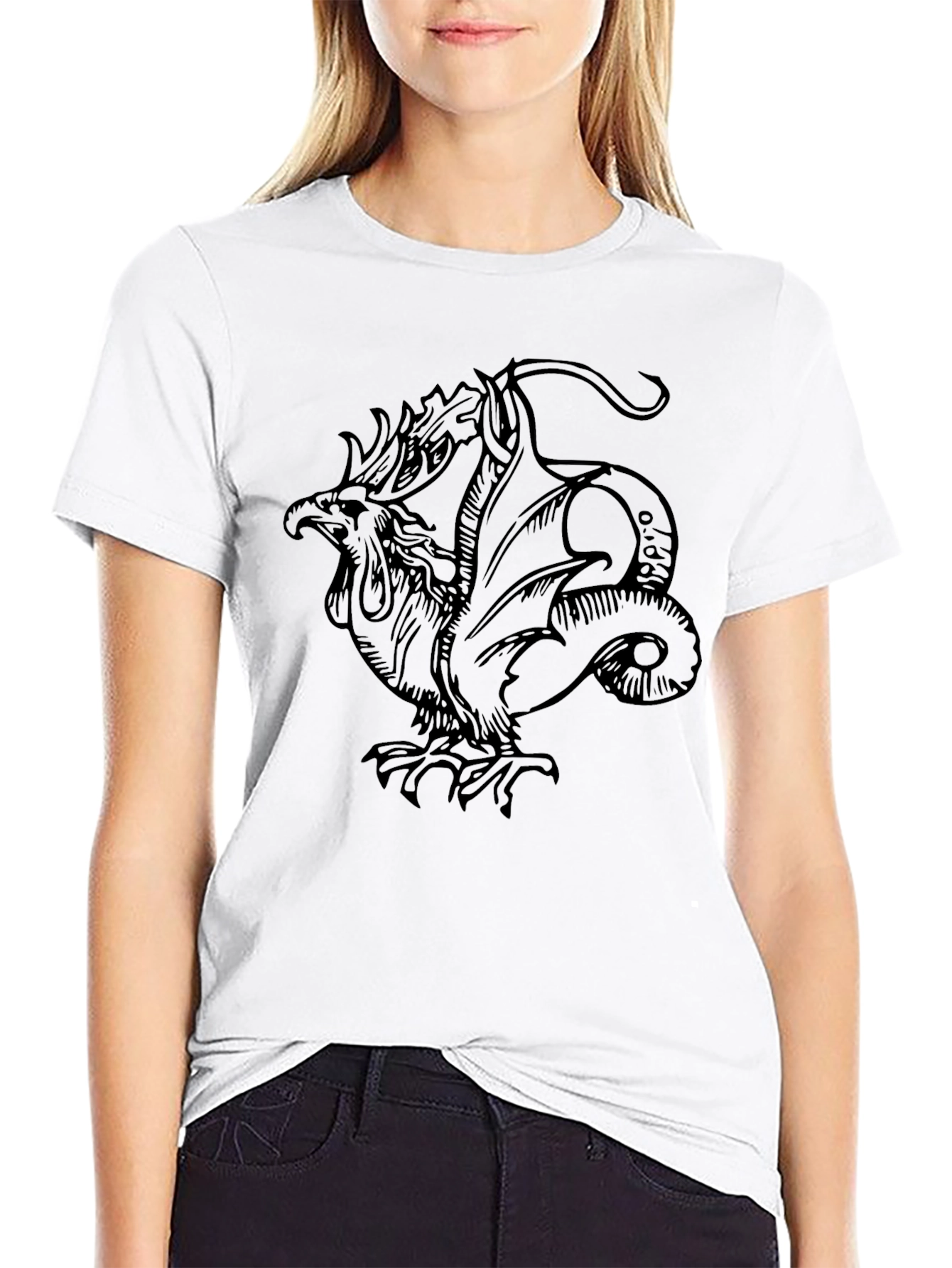 Mythical Rooster Dragon Graphic Tee - Black
