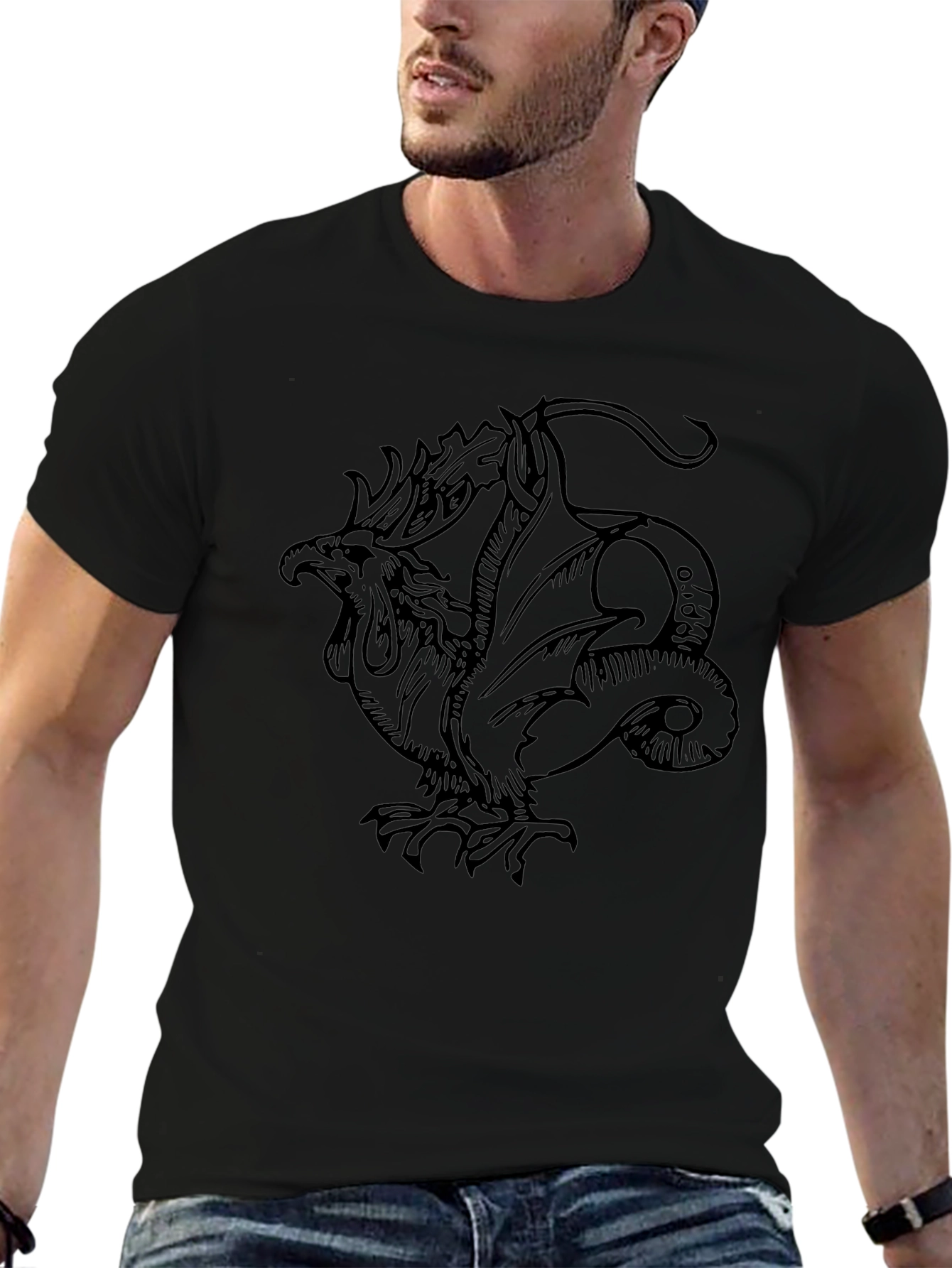 Mythical Rooster Dragon Graphic Tee - Black