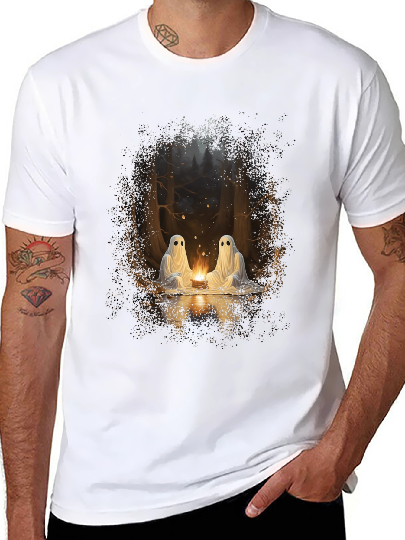 Spooky Ghosts Campfire Graphic Tee - Soft Black Cotton