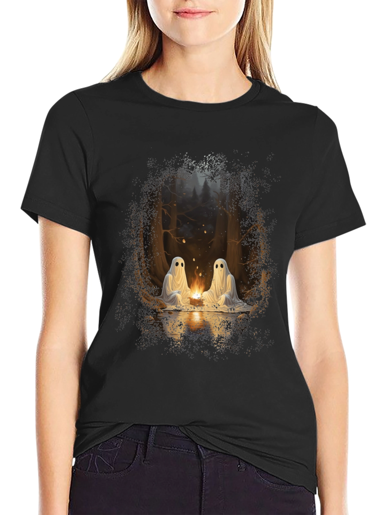 Spooky Ghosts Campfire Graphic Tee - Soft Black Cotton