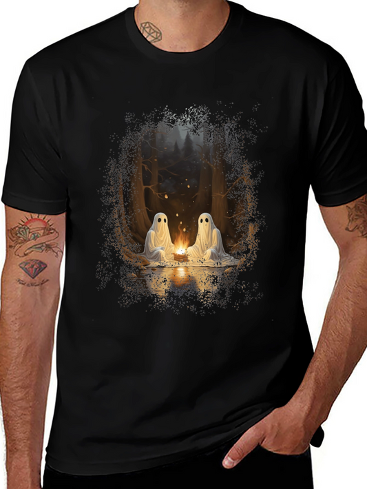 Spooky Ghosts Campfire Graphic Tee - Soft Black Cotton