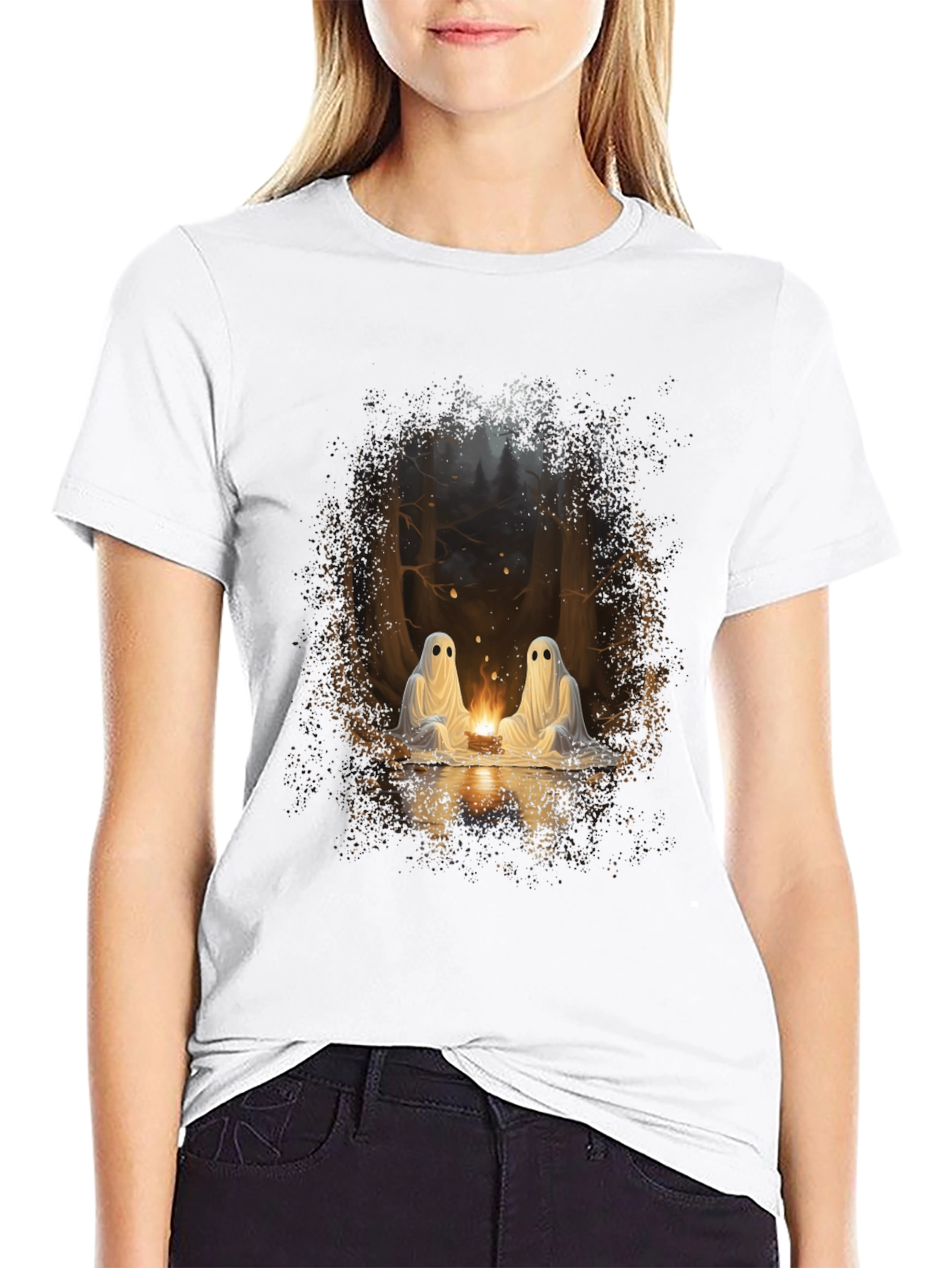Spooky Ghosts Campfire Graphic Tee - Soft Black Cotton