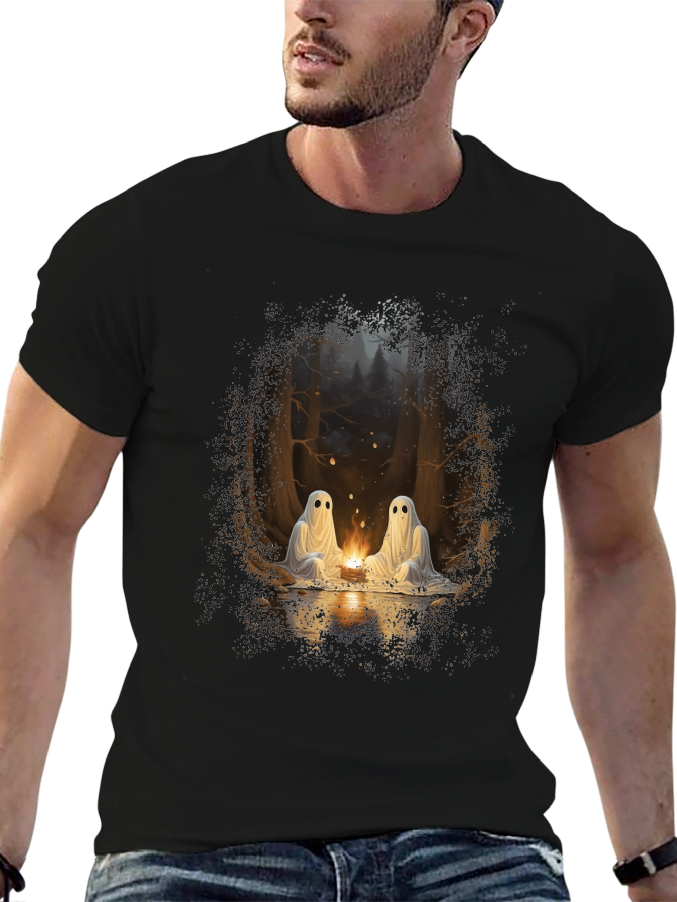 Spooky Ghosts Campfire Graphic Tee - Soft Black Cotton