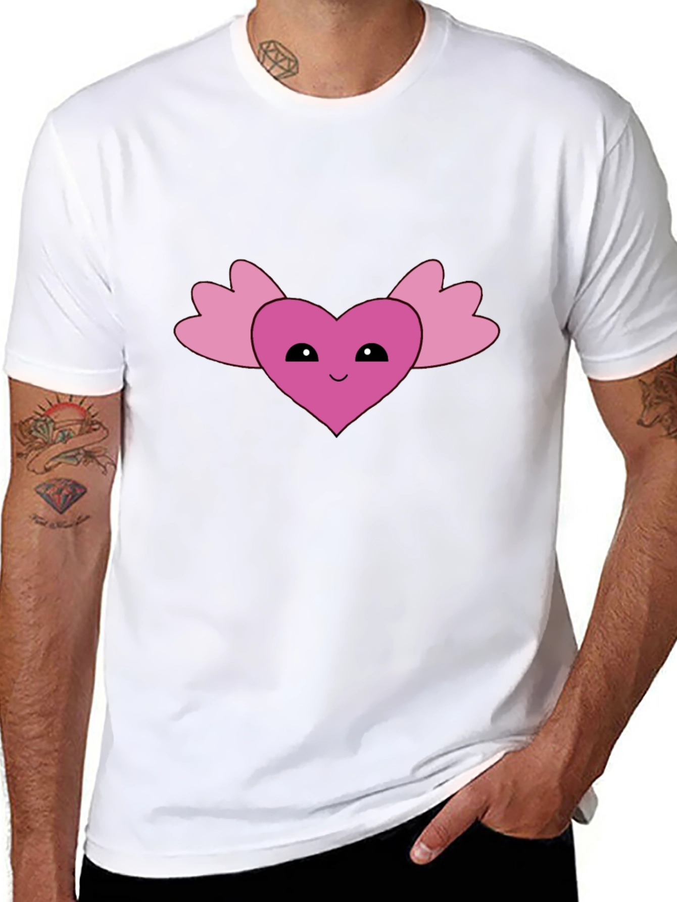 Cute Heart Wings Graphic Tee - Black Cotton T-Shirt