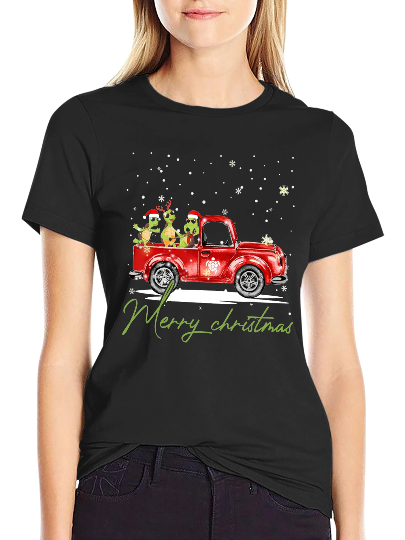 Turtle Christmas Truck Black T-Shirt