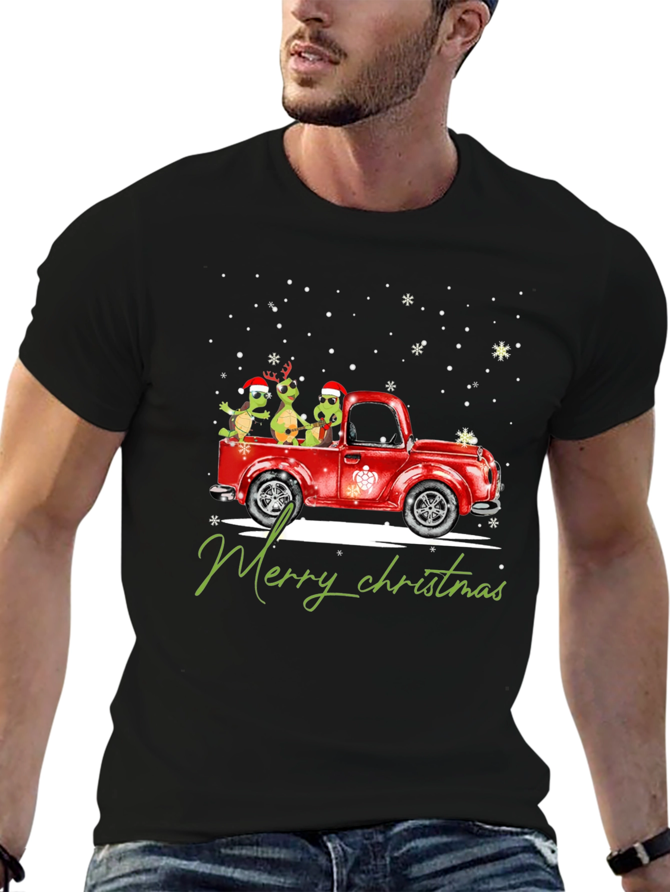 Turtle Christmas Truck Black T-Shirt