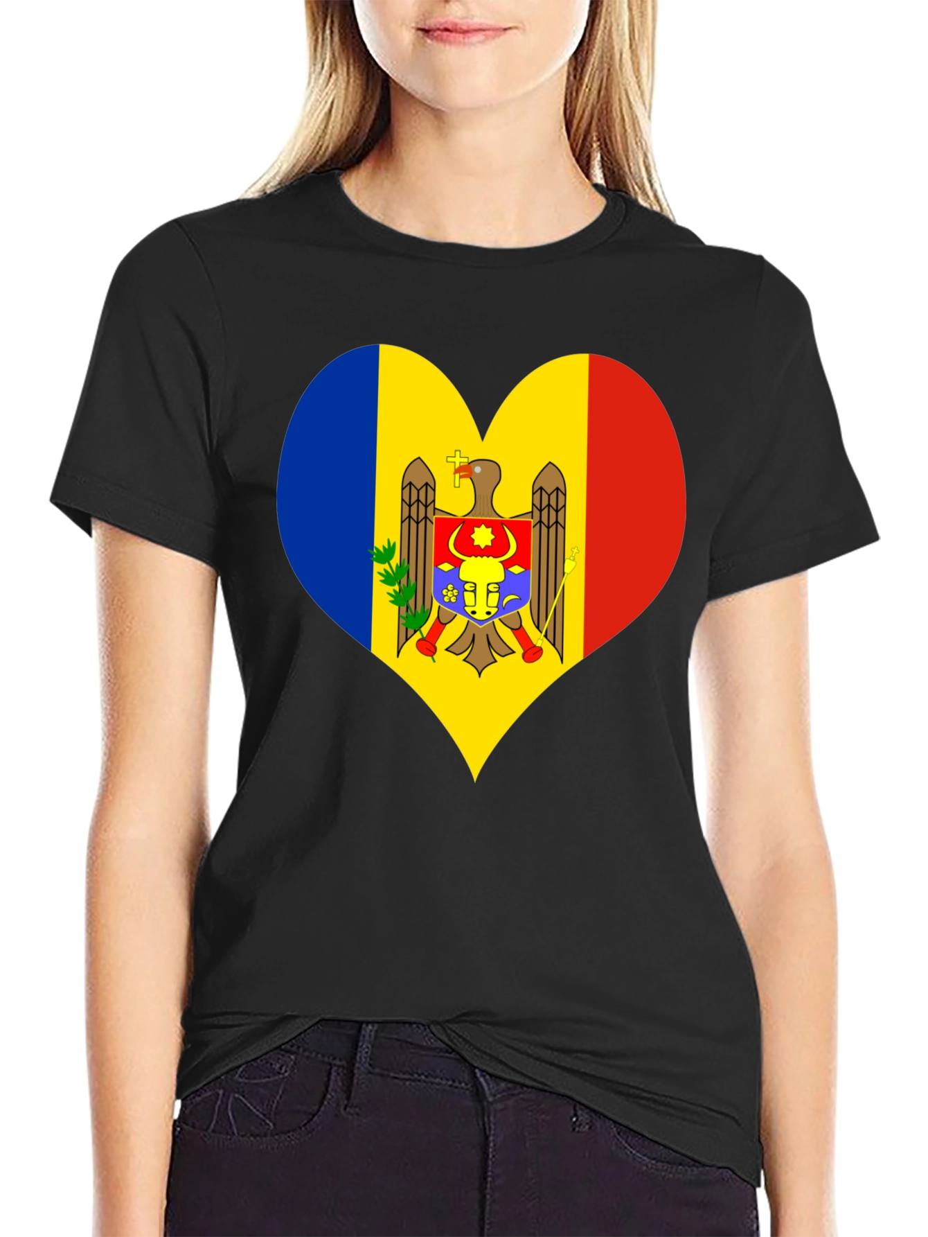 Moldova Flag Heart T-Shirt Black Tee