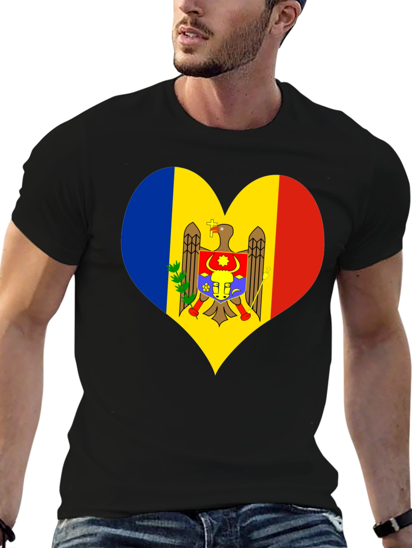 Moldova Flag Heart T-Shirt Black Tee