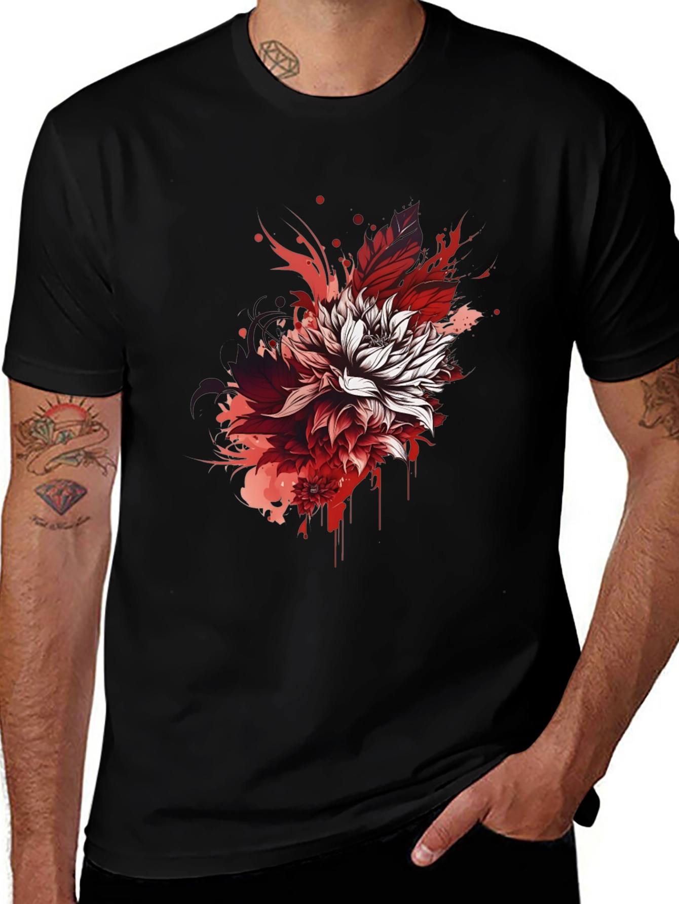 Floral Ink Splatter Graphic Tee - Black