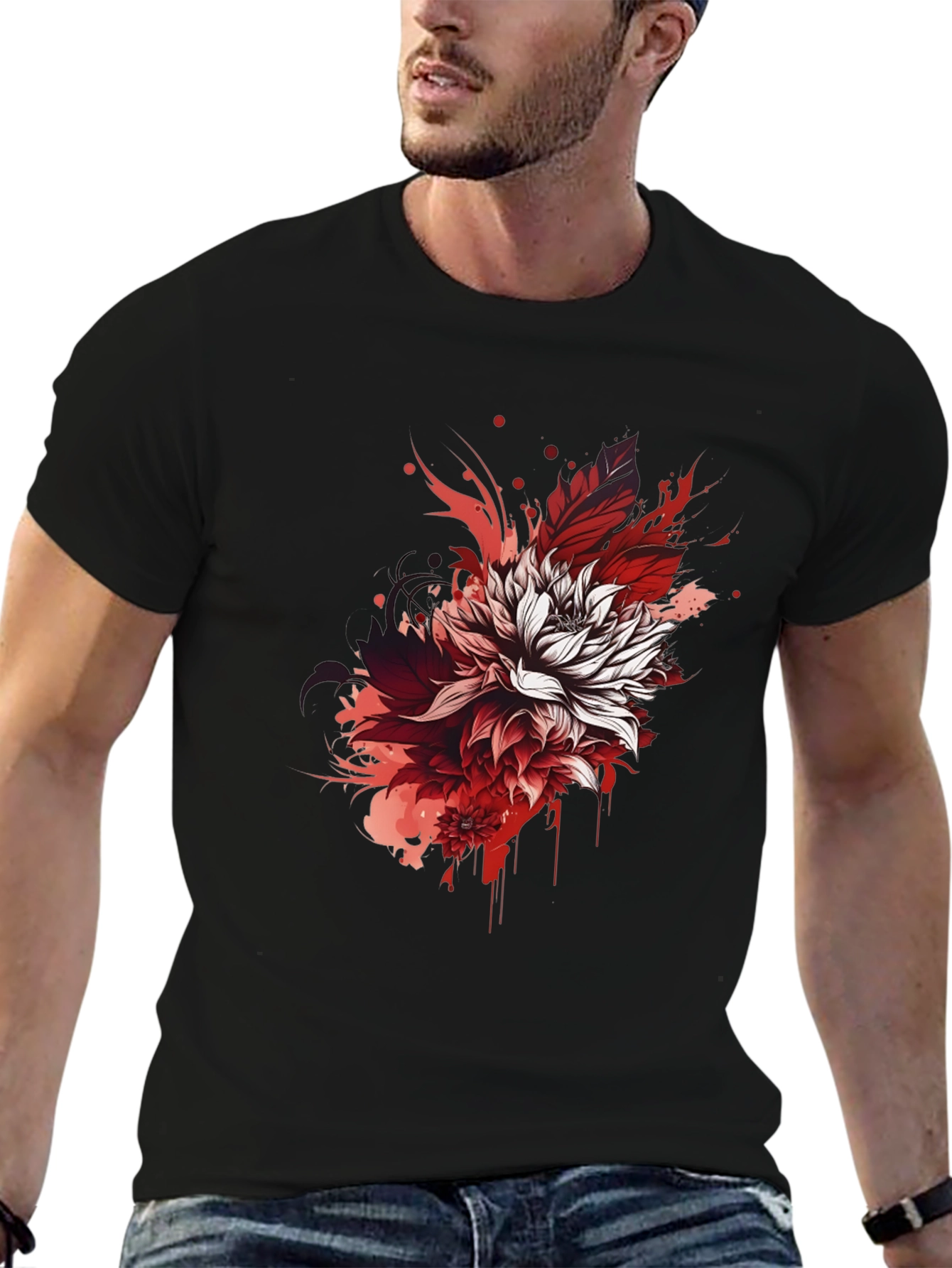 Floral Ink Splatter Graphic Tee - Black