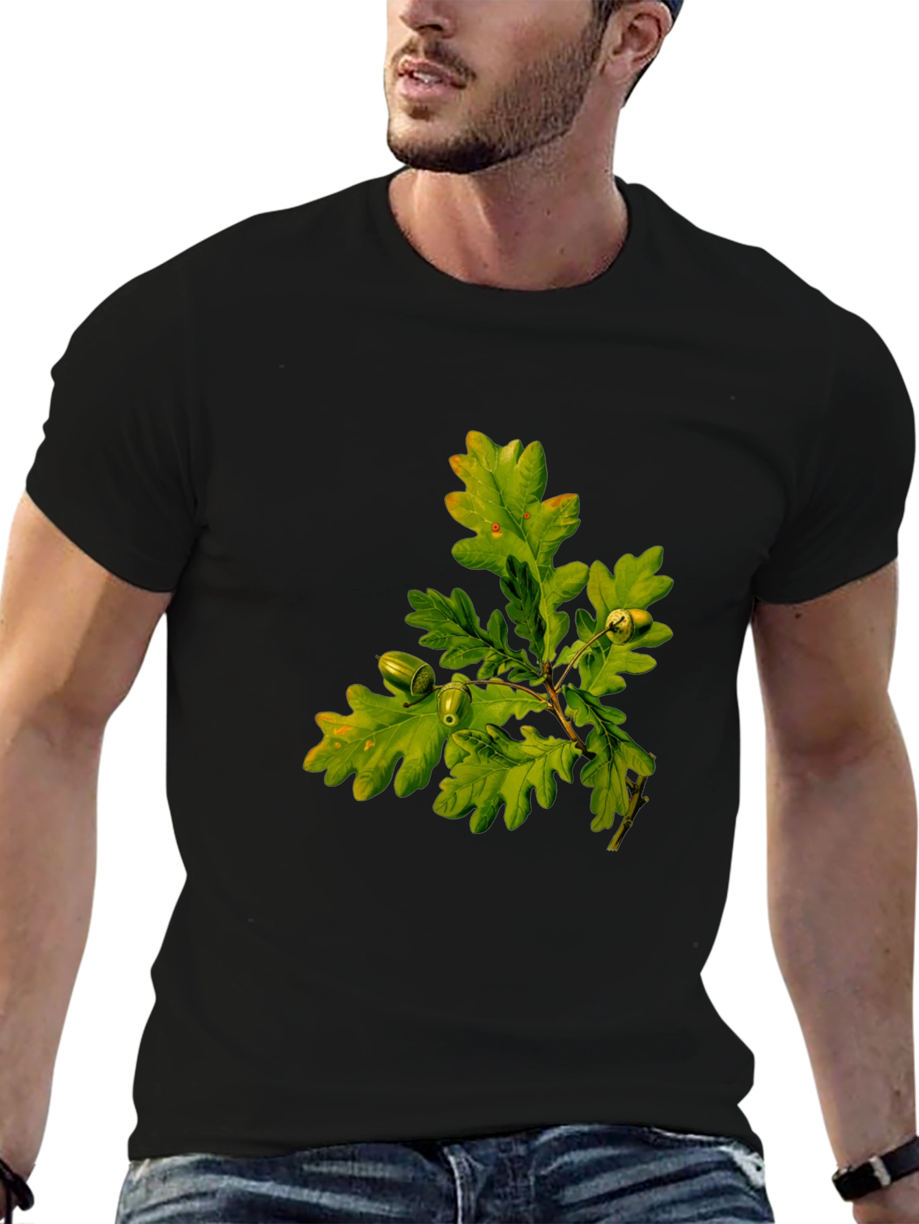 Oak Leaves Graphic Tee - Nature Inspired Black T-Shirt