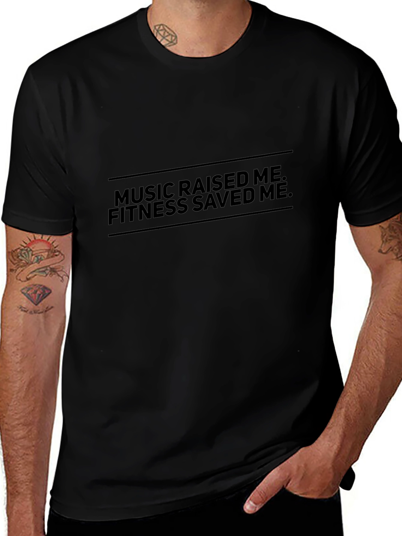 Music Raised Me Fitness Saved Me Black T-Shirt