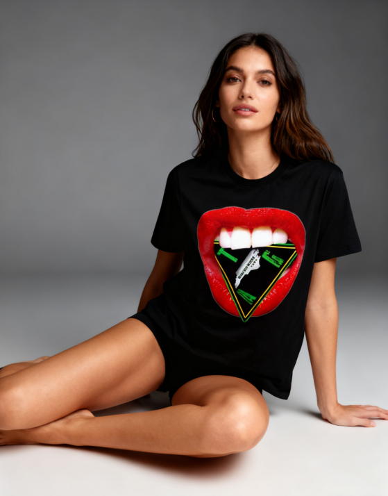 Bold Lips Triangle Graphic Black T-Shirt